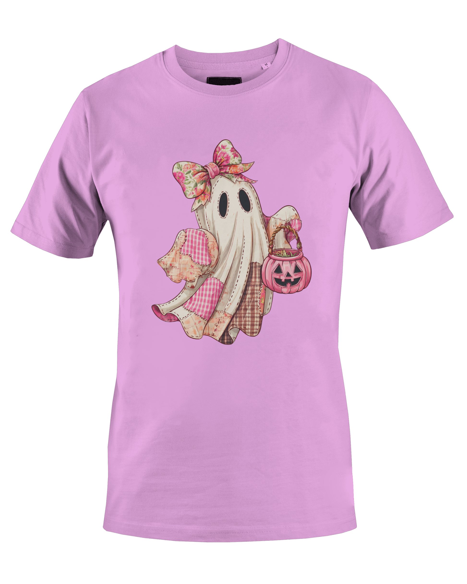 Light pink t-shirt with a pink themed patchwork ghost wearing a bow carrying a jack o lantern candy bin by Monkey's Creations. 