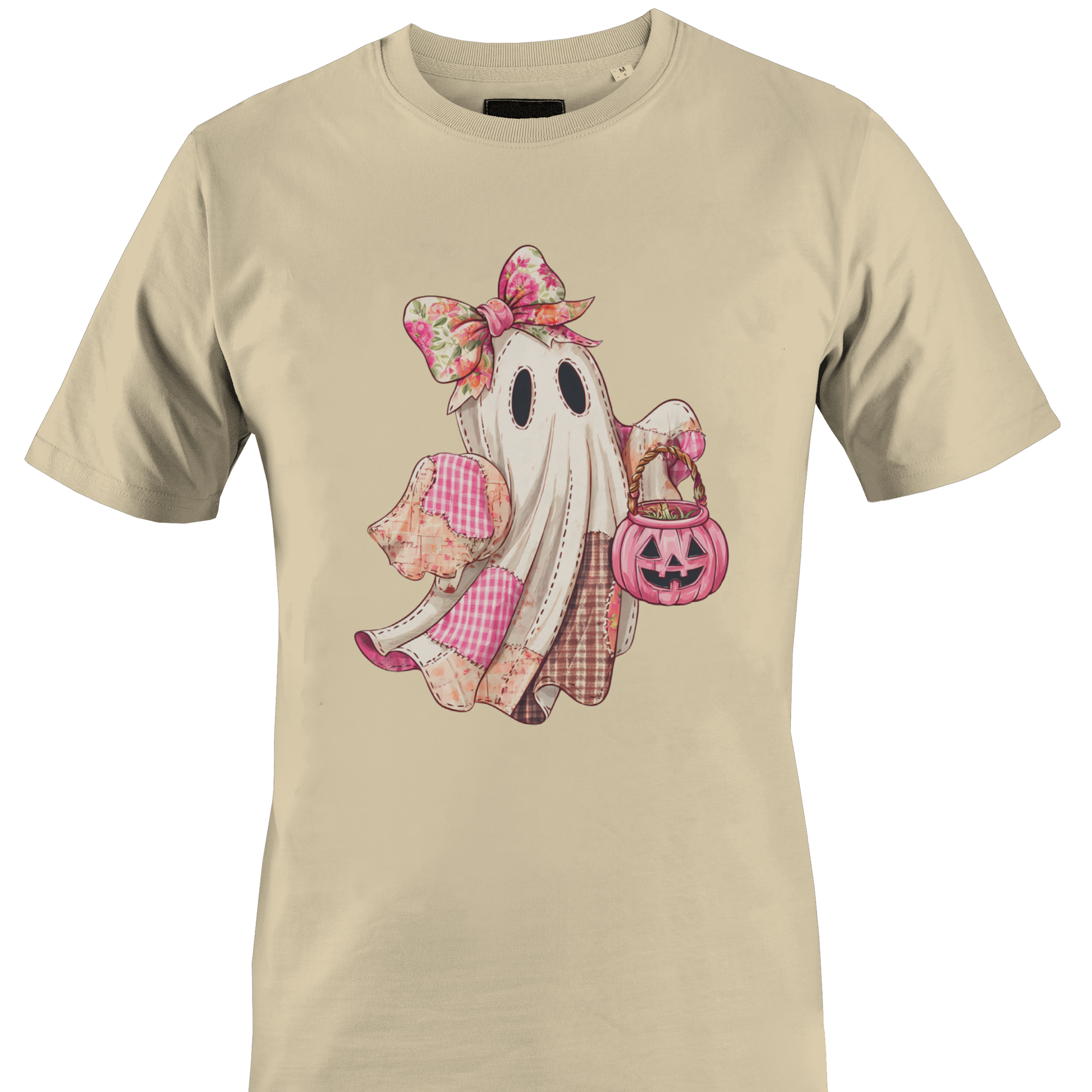 Tan t-shirt with a pink themed patchwork ghost wearing a bow carrying a jack o lantern candy bin by Monkey's Creations. 