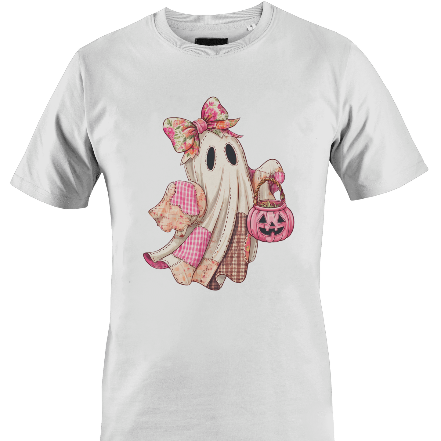 White t-shirt with a pink themed patchwork ghost wearing a bow carrying a jack o lantern candy bin by Monkey's Creations. 