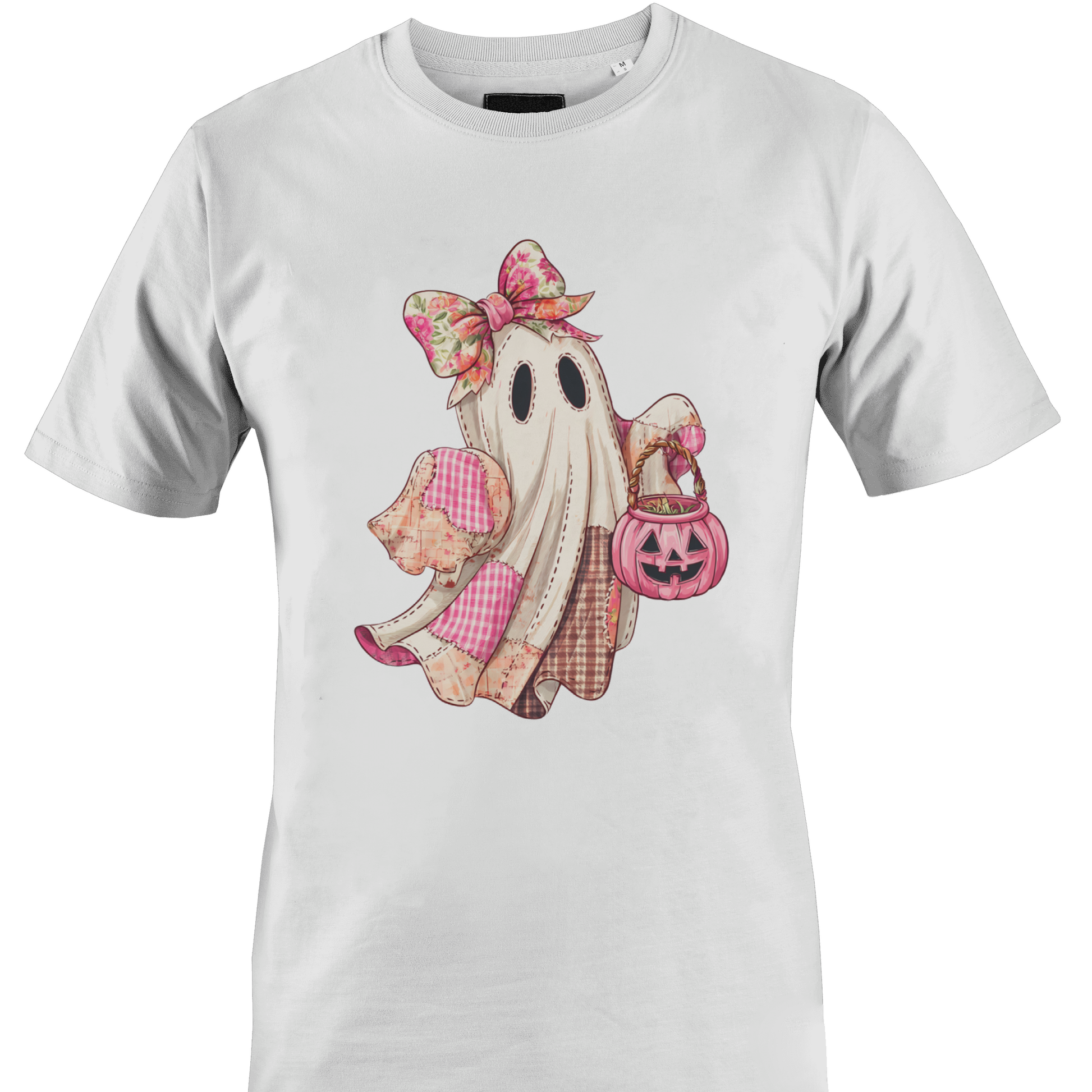 White t-shirt with a pink themed patchwork ghost wearing a bow carrying a jack o lantern candy bin by Monkey's Creations. 