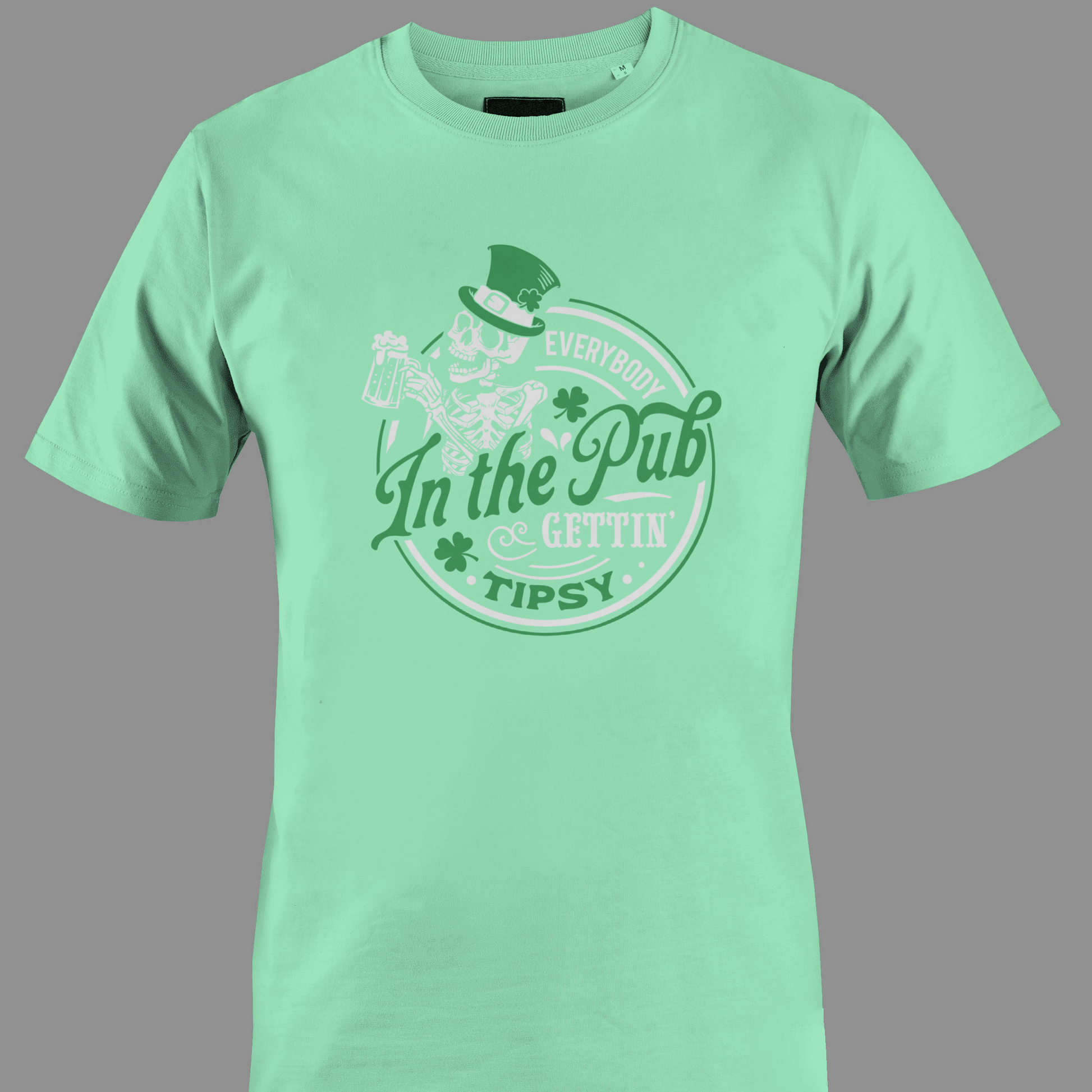Green t-shirt with a skeleton and text in the pub gettin tipsy