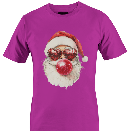 Dark pink t-shirt with a Santa blowing a bubble with heart glasses by Monkey's Creations. 