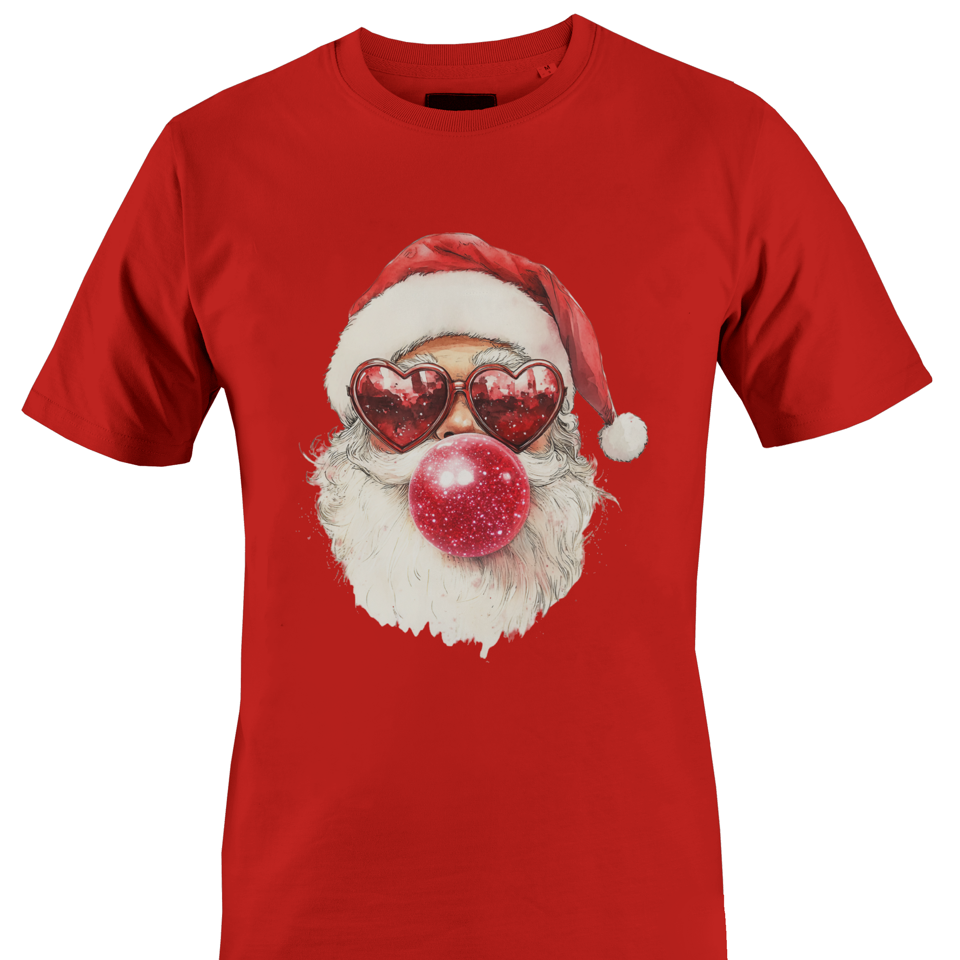 Red t-shirt with a Santa blowing a bubble with heart glasses by Monkey's Creations. 