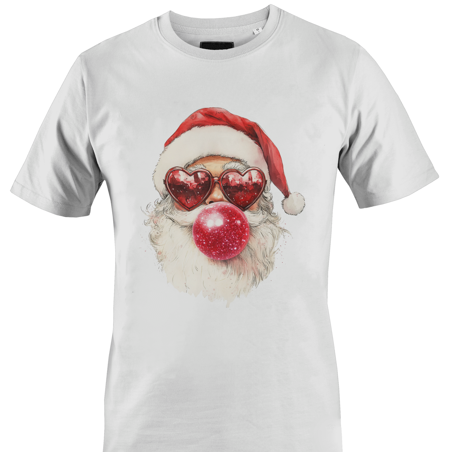 White t-shirt with a Santa blowing a bubble with heart glasses by Monkey's Creations. 