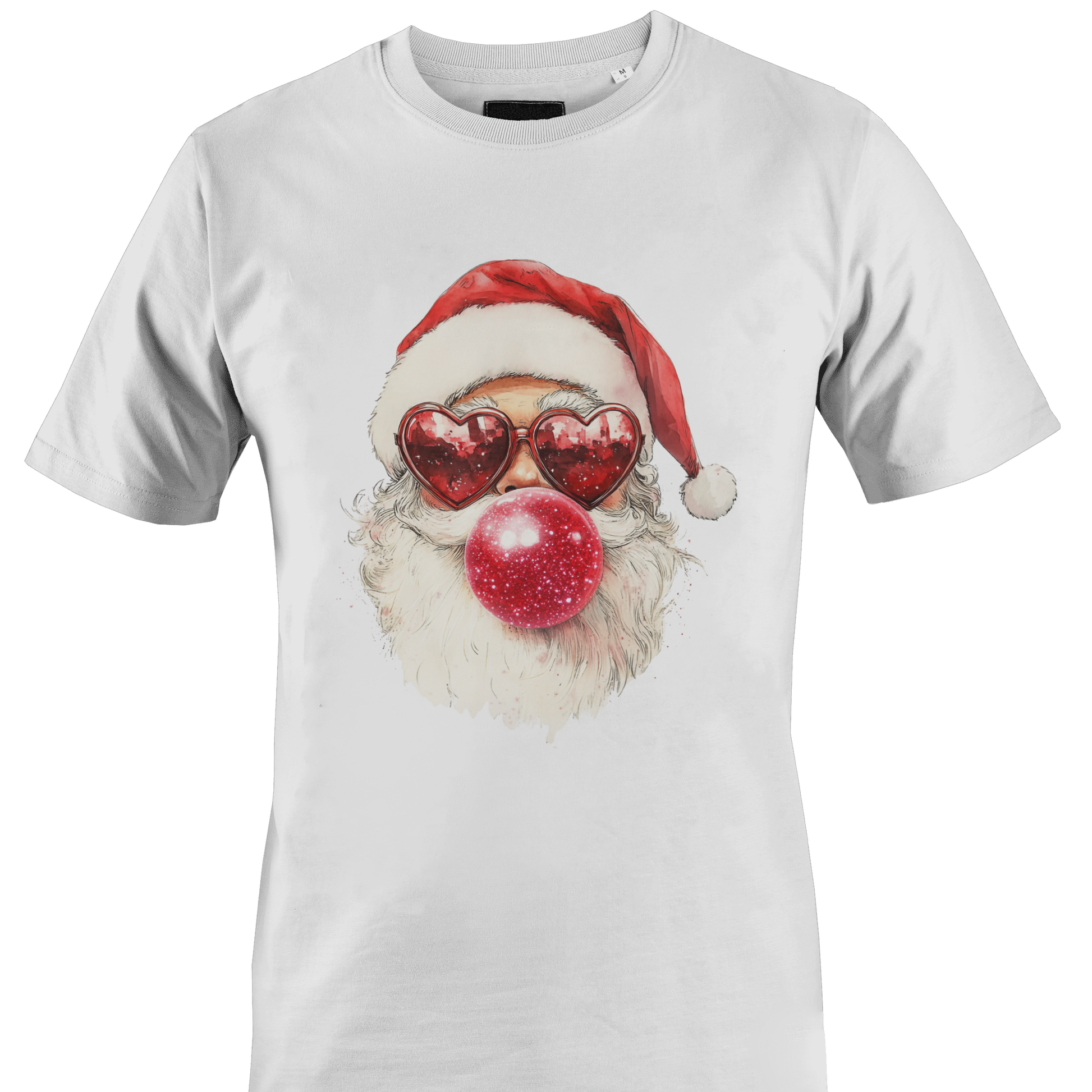 White t-shirt with a Santa blowing a bubble with heart glasses by Monkey's Creations. 