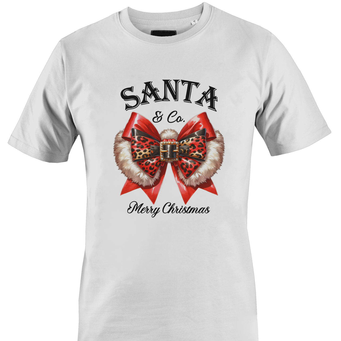 White t-shirt with a fanciful bow and the text "Santa & Co - Merry Christmas" by Monkey's Creations. 