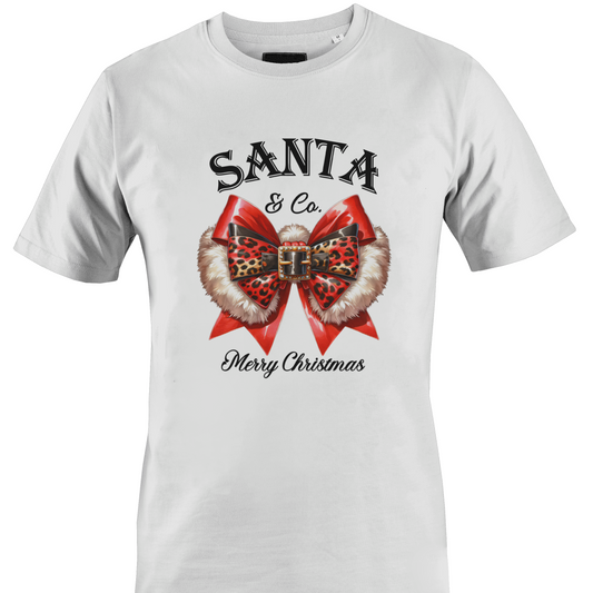 White t-shirt with a fanciful bow and the text "Santa & Co - Merry Christmas" by Monkey's Creations. 
