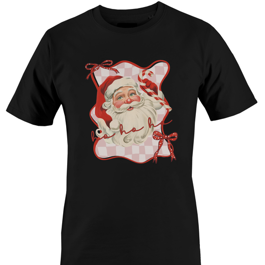 Black t-shirt with a check background Santa with a candy cane by Monkey's Creations. 