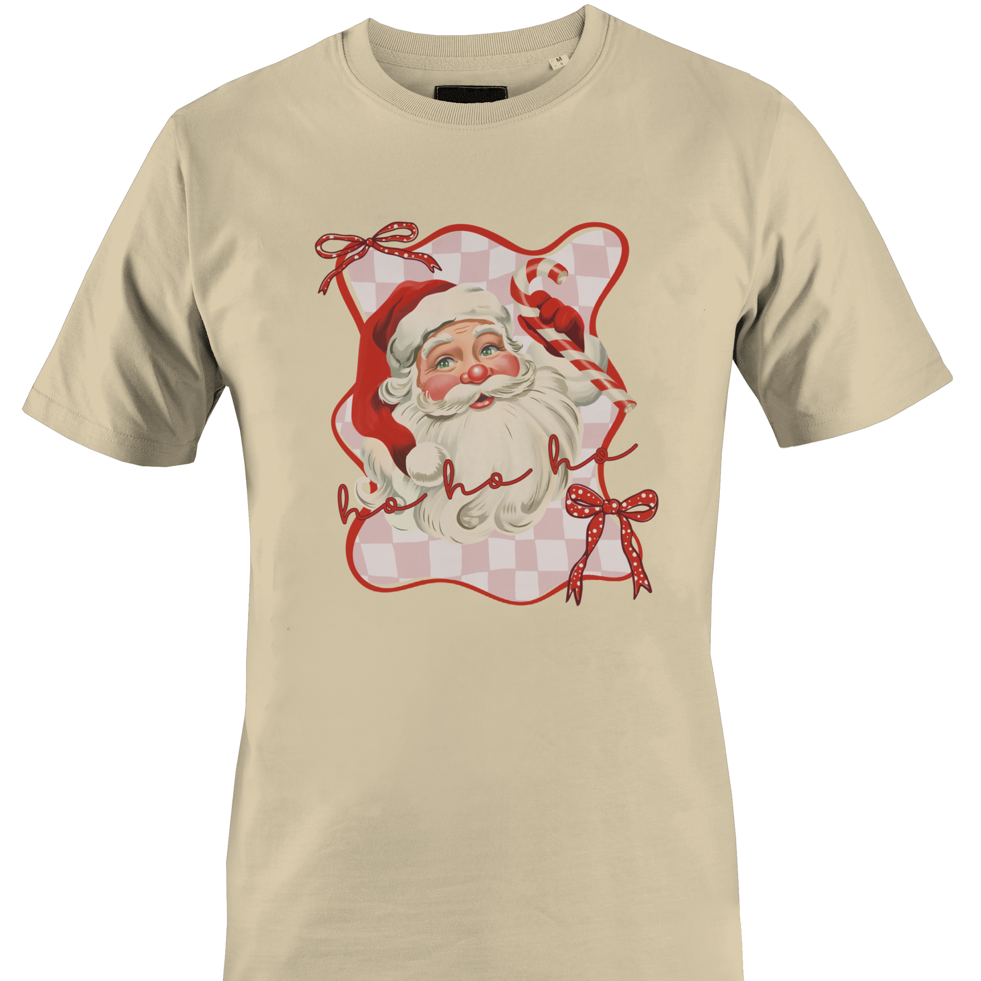 Tan t-shirt with a check background Santa with a candy cane by Monkey's Creations. 