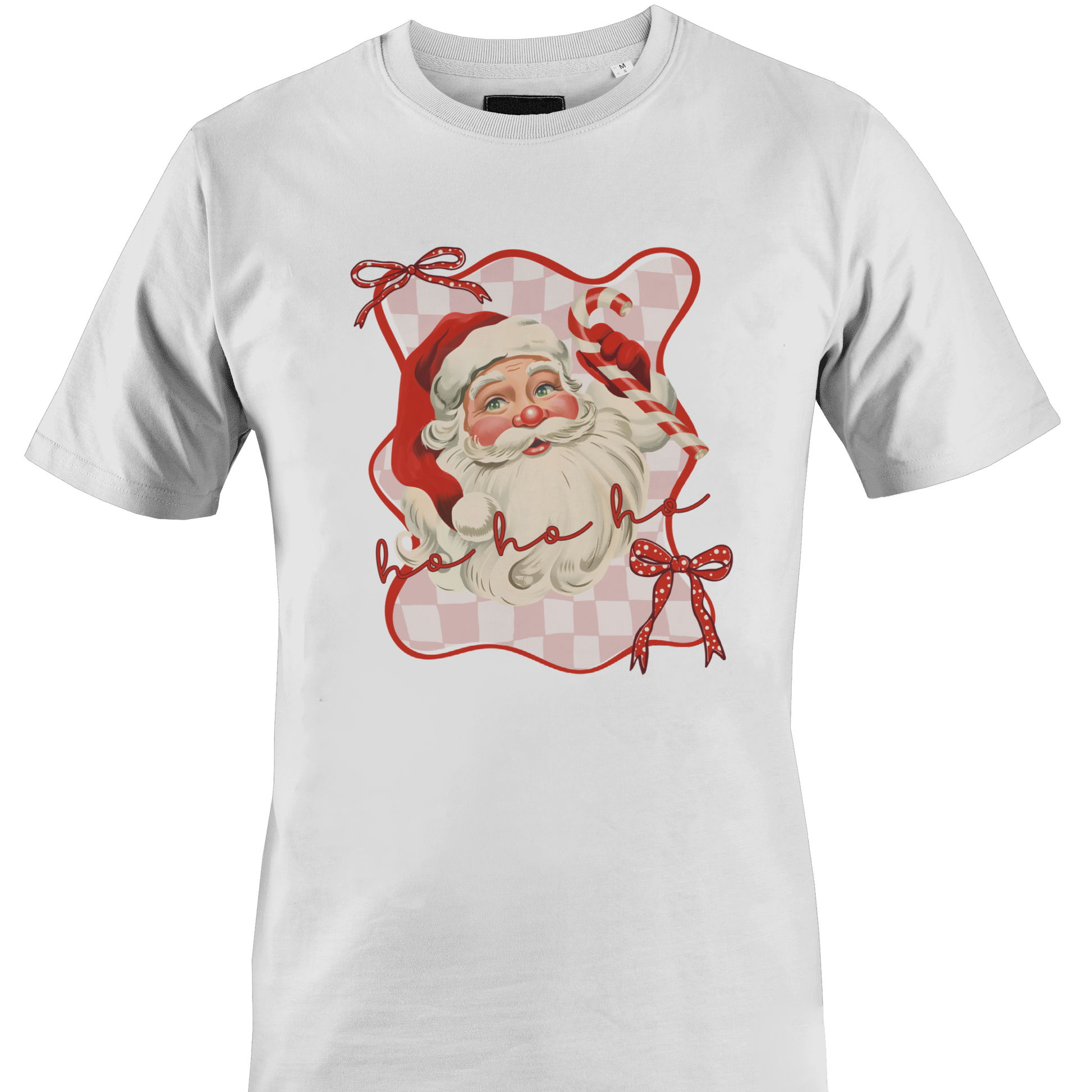 White t-shirt with a check background Santa with a candy cane by Monkey's Creations. 