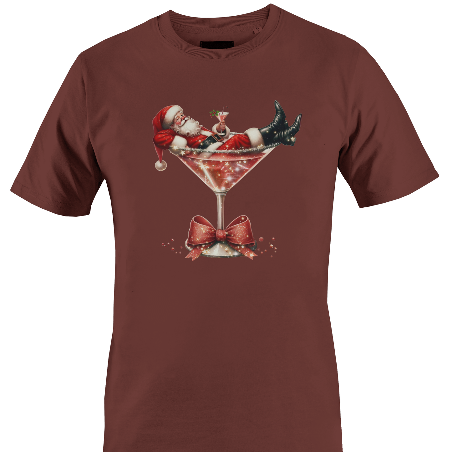 Brown t-shirt with santa in a martini glass by Monkey's Creations. 
