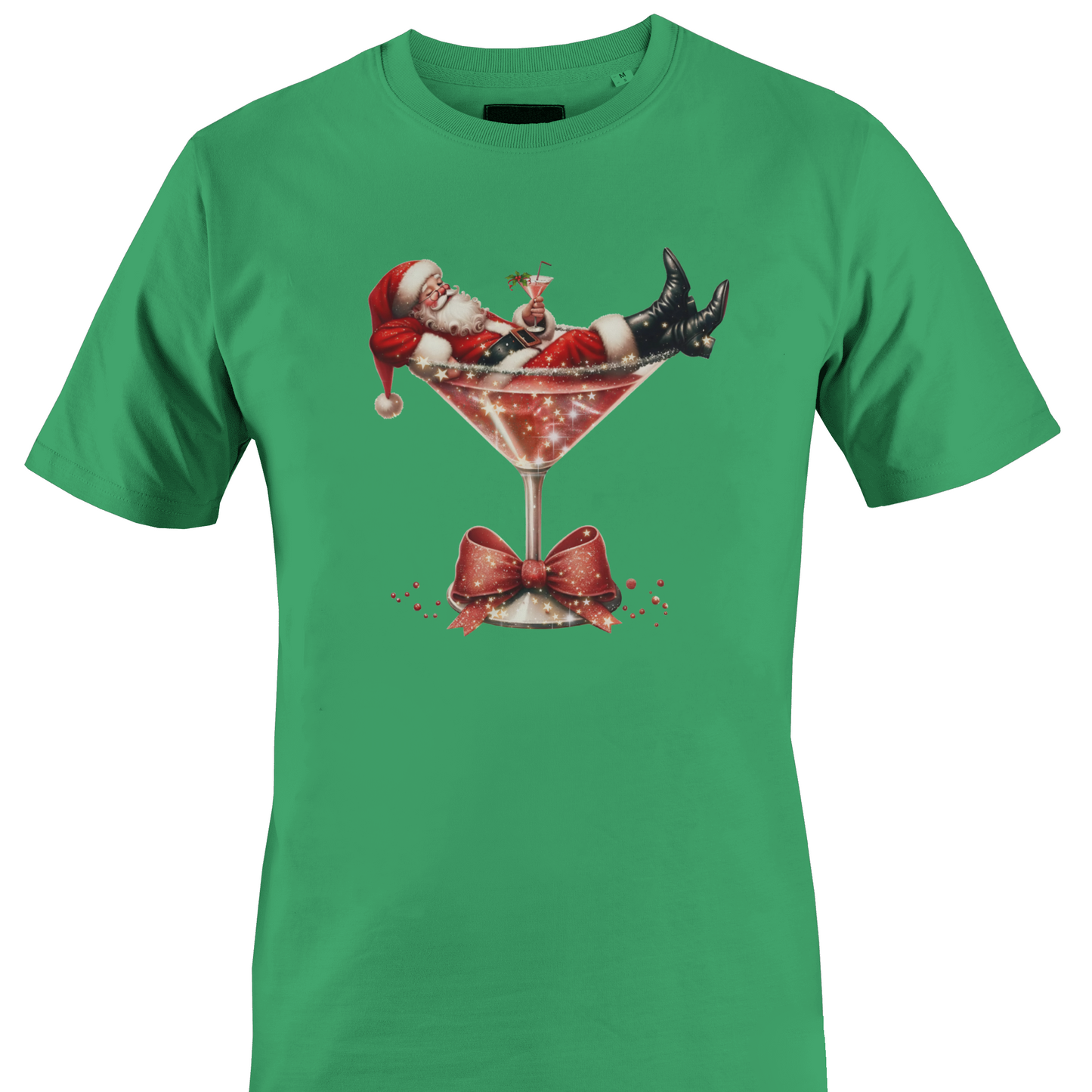 Green t-shirt with santa in a martini glass by Monkey's Creations. 
