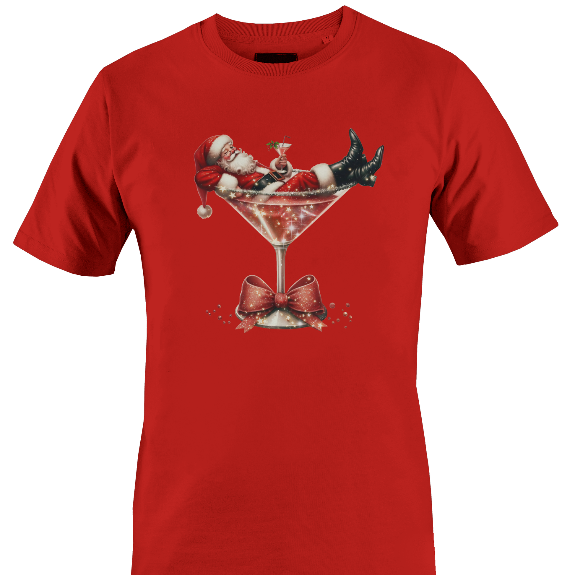 Red t-shirt with santa in a martini glass by Monkey's Creations. 