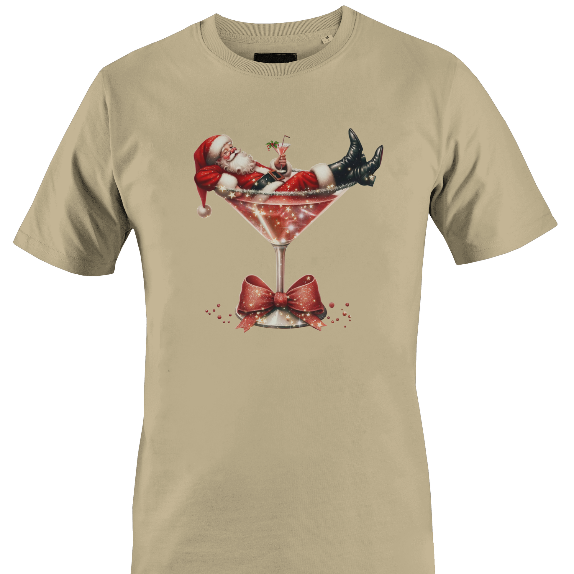 Tan t-shirt with santa in a martini glass by Monkey's Creations. 