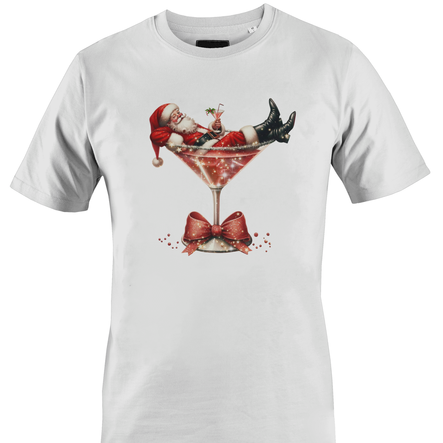 White t-shirt with santa in a martini glass by Monkey's Creations. 