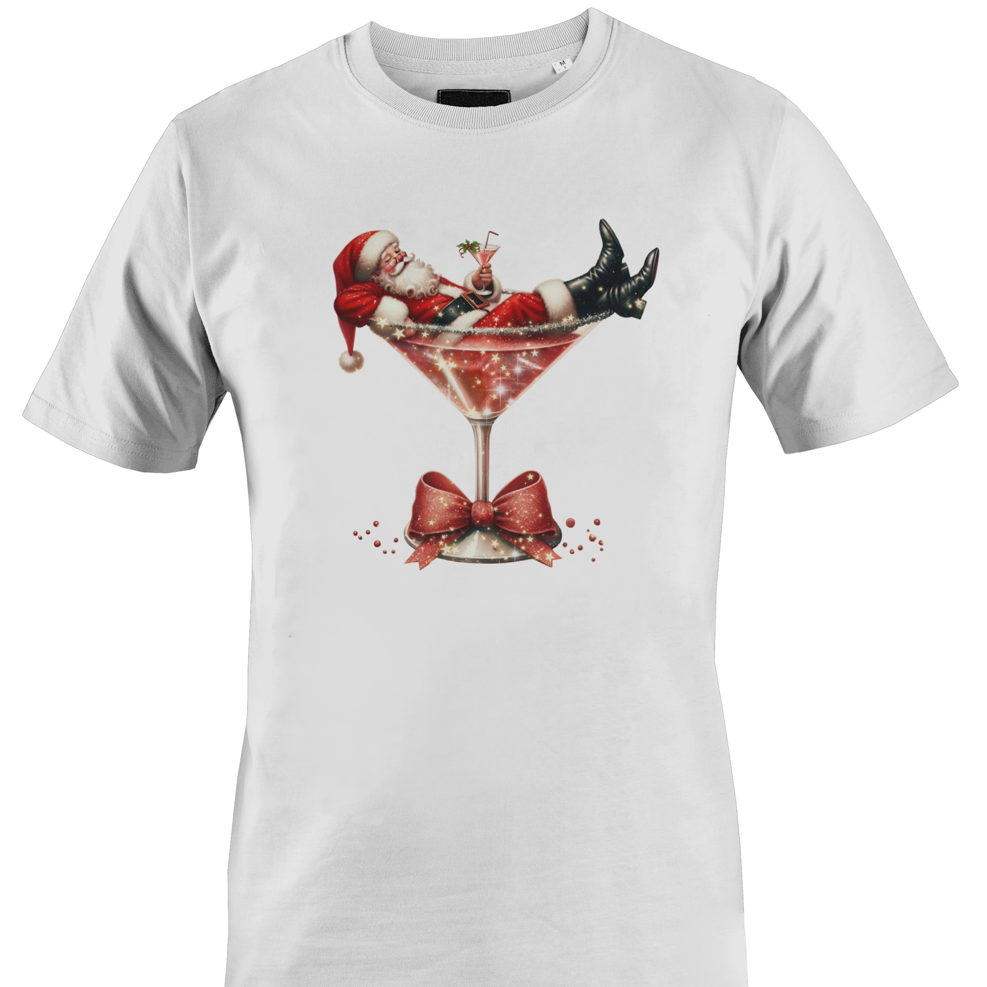 White t-shirt with santa in a martini glass by Monkey's Creations. 