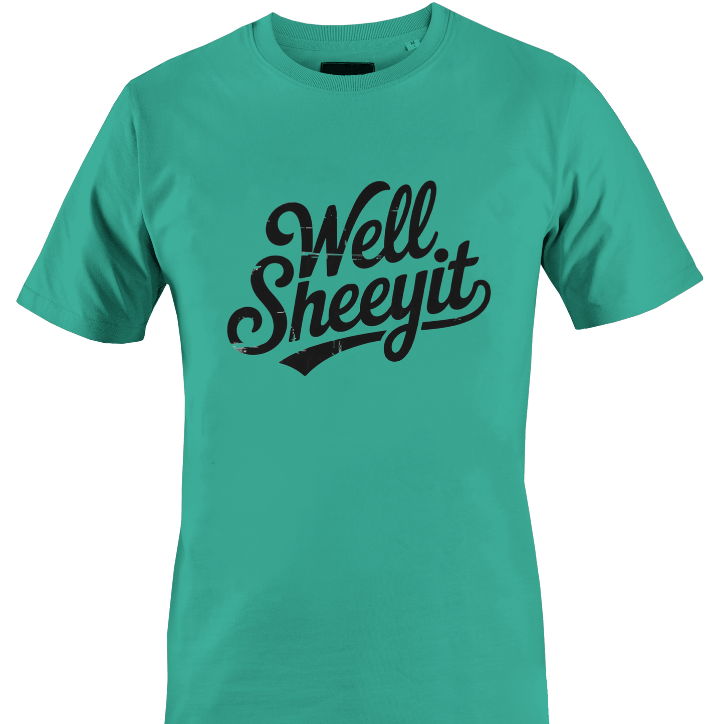 Teal t-shirt with white text 'Well Sheeyit' 