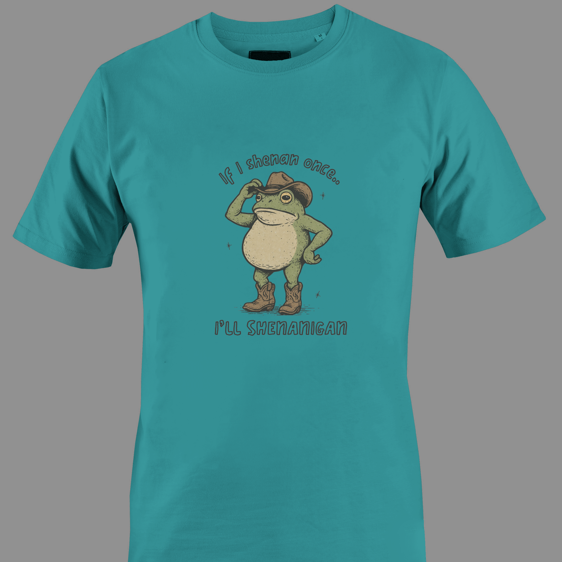 Teal t-shirt with a graphic of a frog wearing a cowboy hat and text saying shenan once, shenanigan