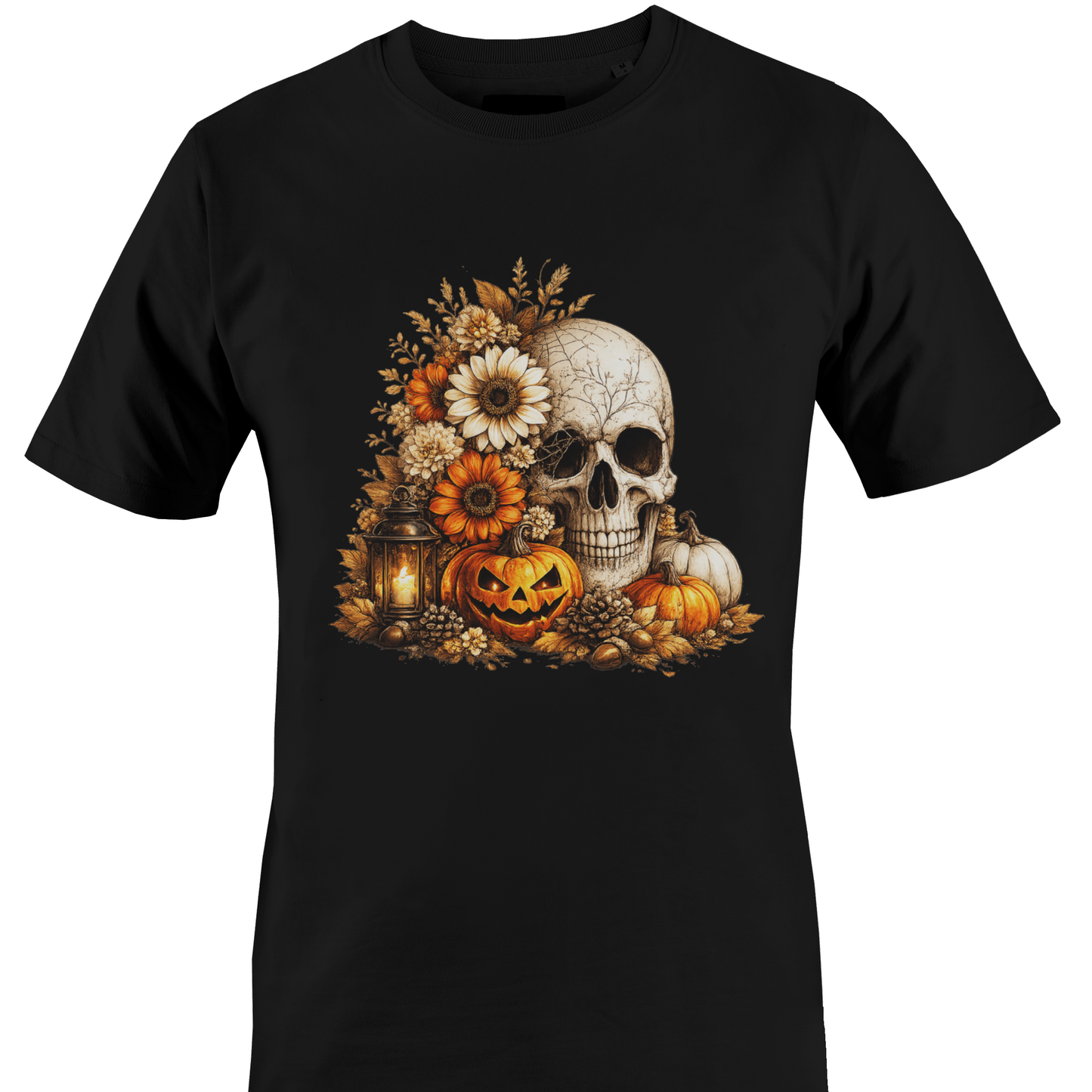 Black t-shirt with a skull, flowers, pumpkins, foliage and a jack o lantern for Halloween by Monkey's Creations. 