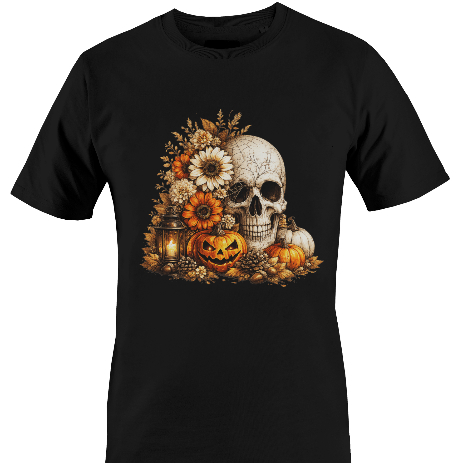 Black t-shirt with a skull, flowers, pumpkins, foliage and a jack o lantern for Halloween by Monkey's Creations. 