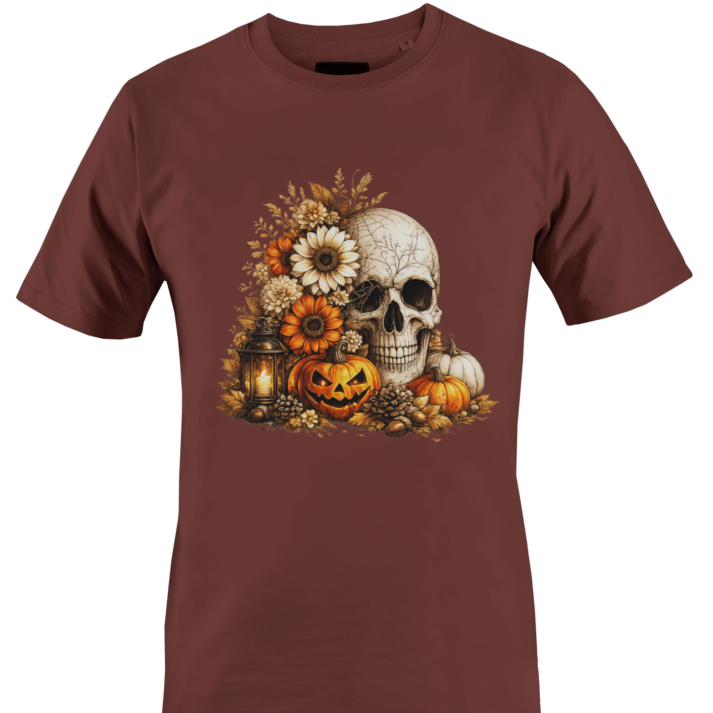 Brown t-shirt with a skull, flowers, pumpkins, foliage and a jack o lantern for Halloween by Monkey's Creations. 