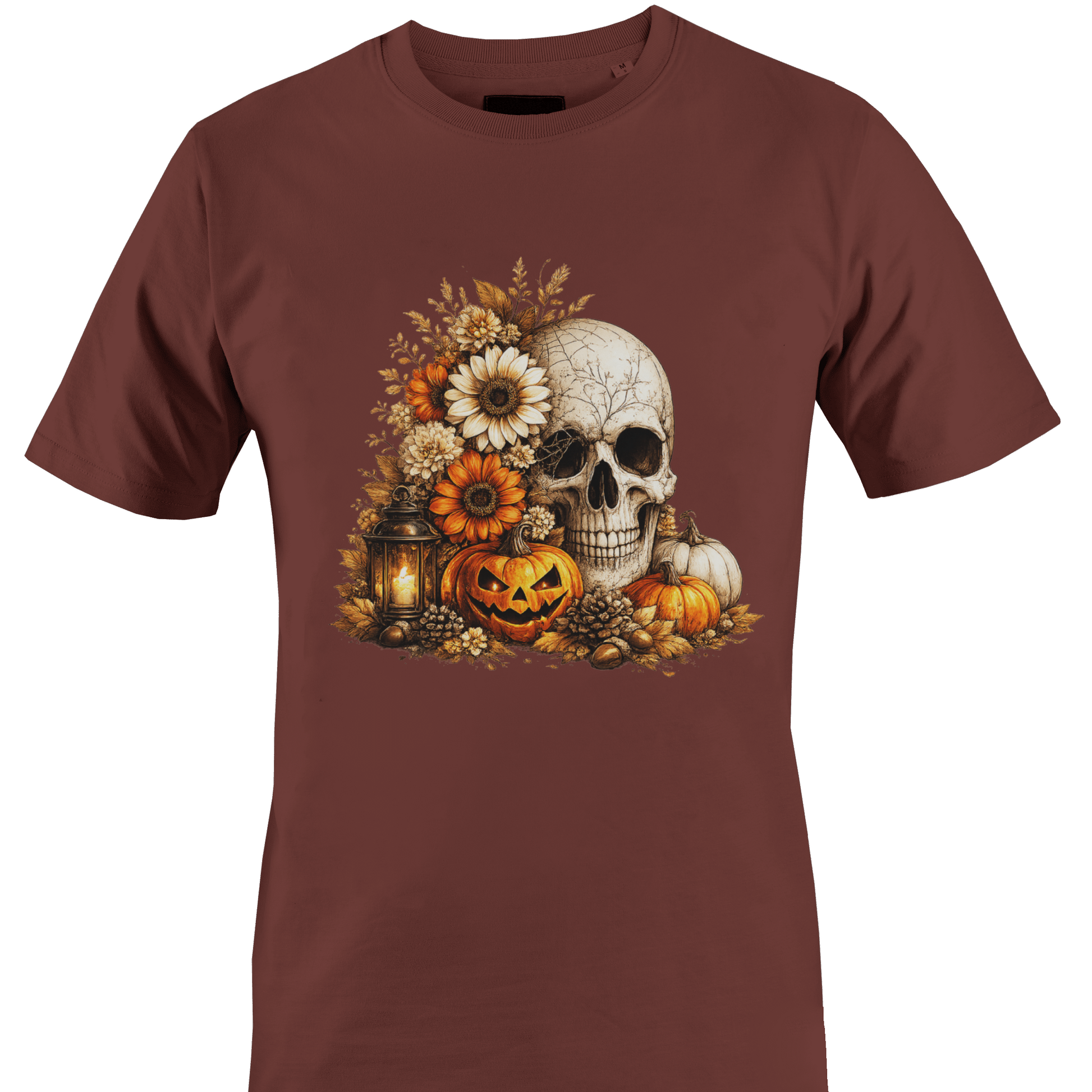 Brown t-shirt with a skull, flowers, pumpkins, foliage and a jack o lantern for Halloween by Monkey's Creations. 