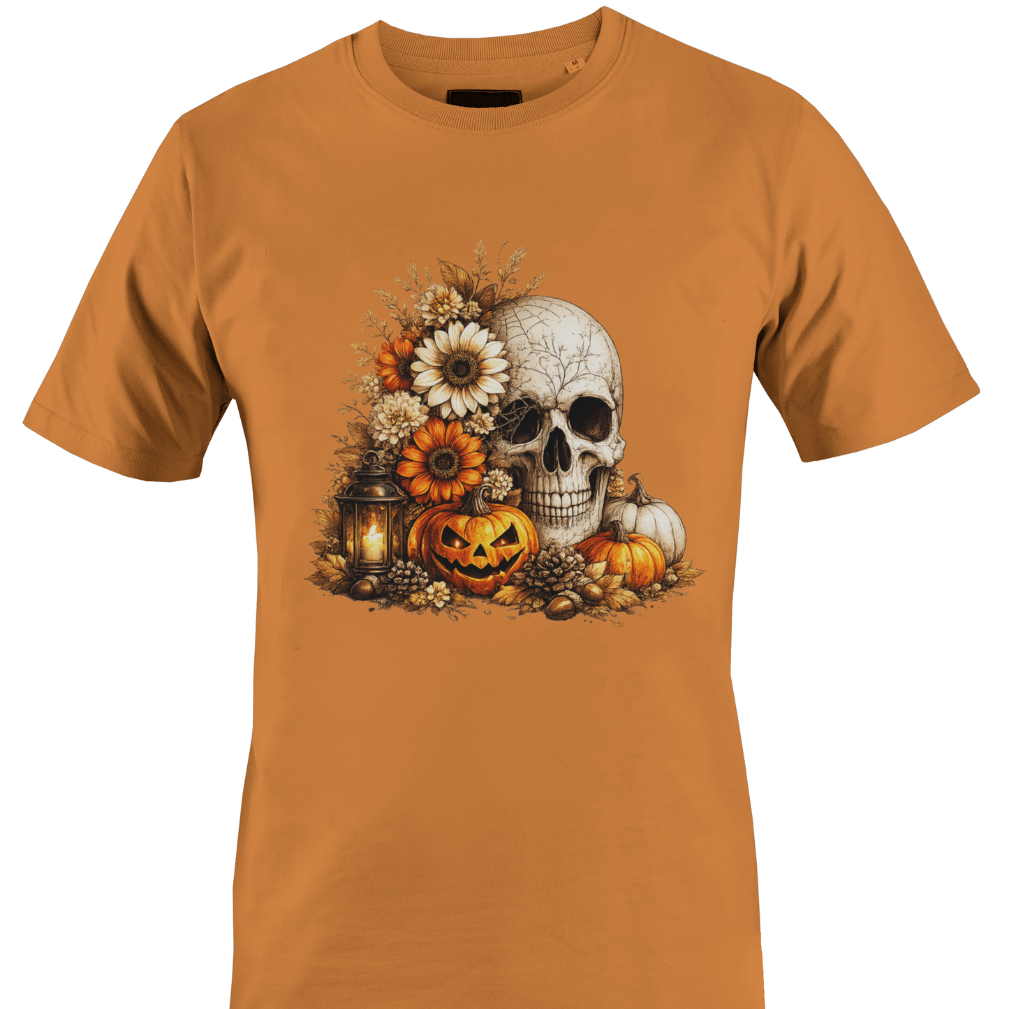 Orange t-shirt with a skull, flowers, pumpkins, foliage and a jack o lantern for Halloween by Monkey's Creations. 