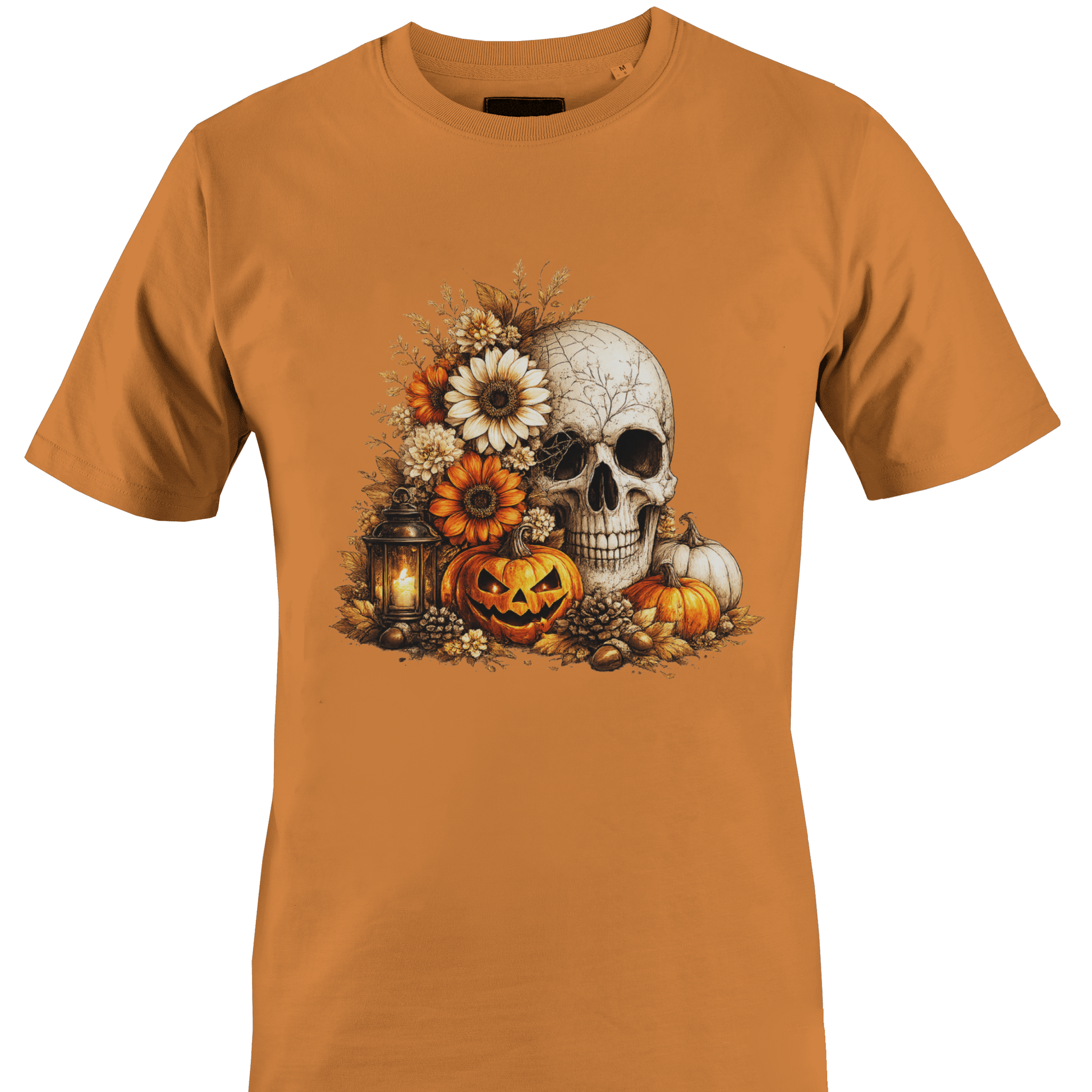 Orange t-shirt with a skull, flowers, pumpkins, foliage and a jack o lantern for Halloween by Monkey's Creations. 