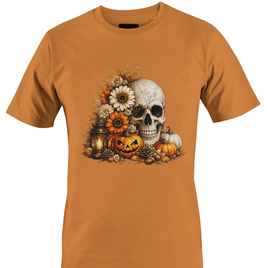 Orange t-shirt with a skull, flowers, pumpkins, foliage and a jack o lantern for Halloween by Monkey's Creations. 