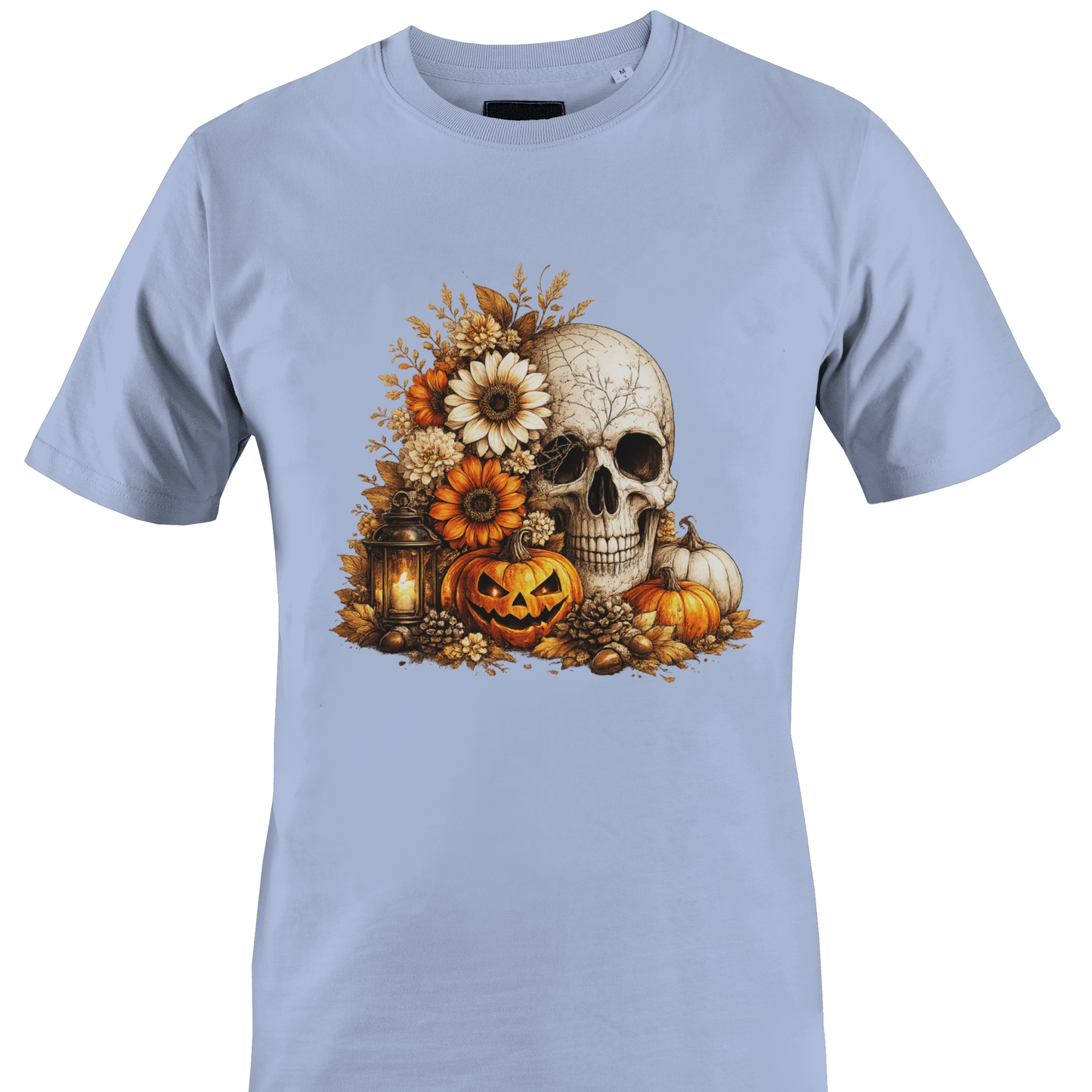 Light blue t-shirt with a skull, flowers, pumpkins, foliage and a jack o lantern for Halloween by Monkey's Creations. 