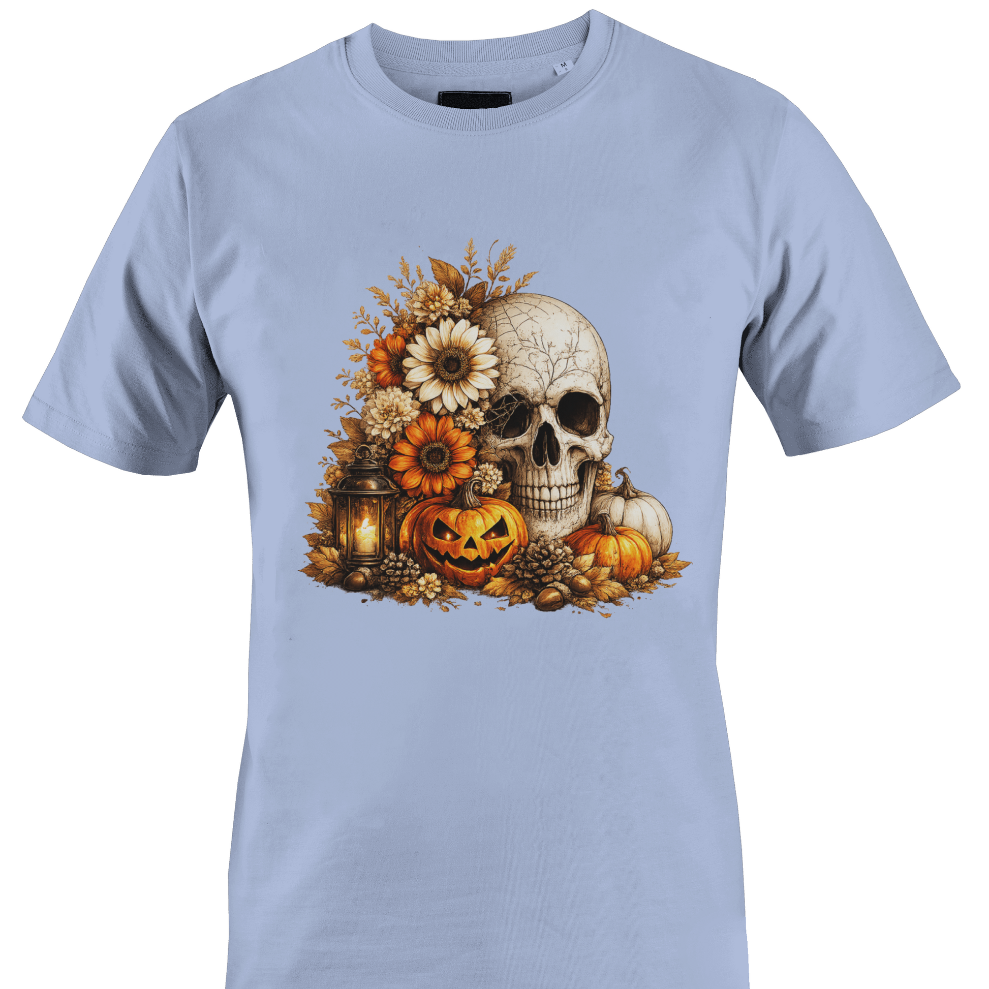 Light blue t-shirt with a skull, flowers, pumpkins, foliage and a jack o lantern for Halloween by Monkey's Creations. 