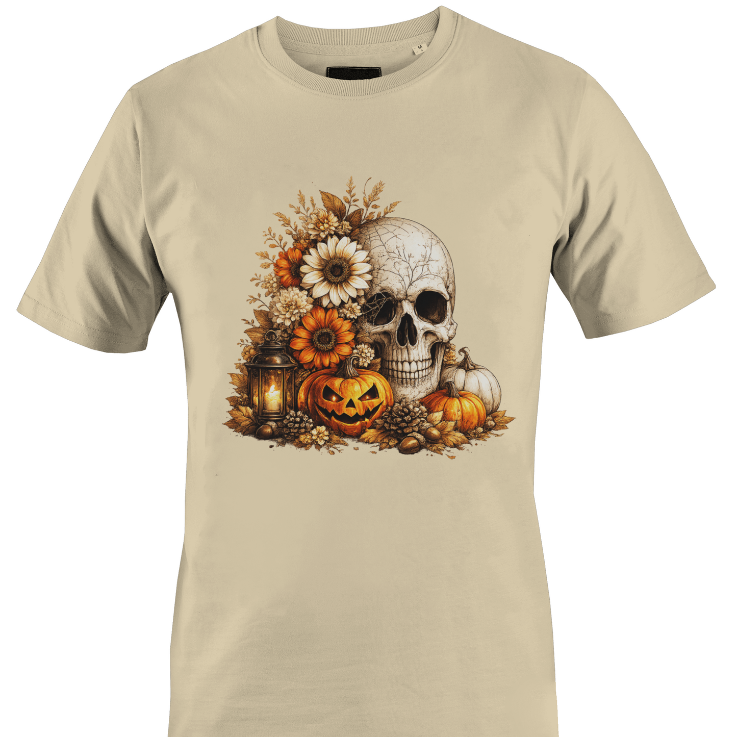 Tan t-shirt with a skull, flowers, pumpkins, foliage and a jack o lantern for Halloween by Monkey's Creations. 