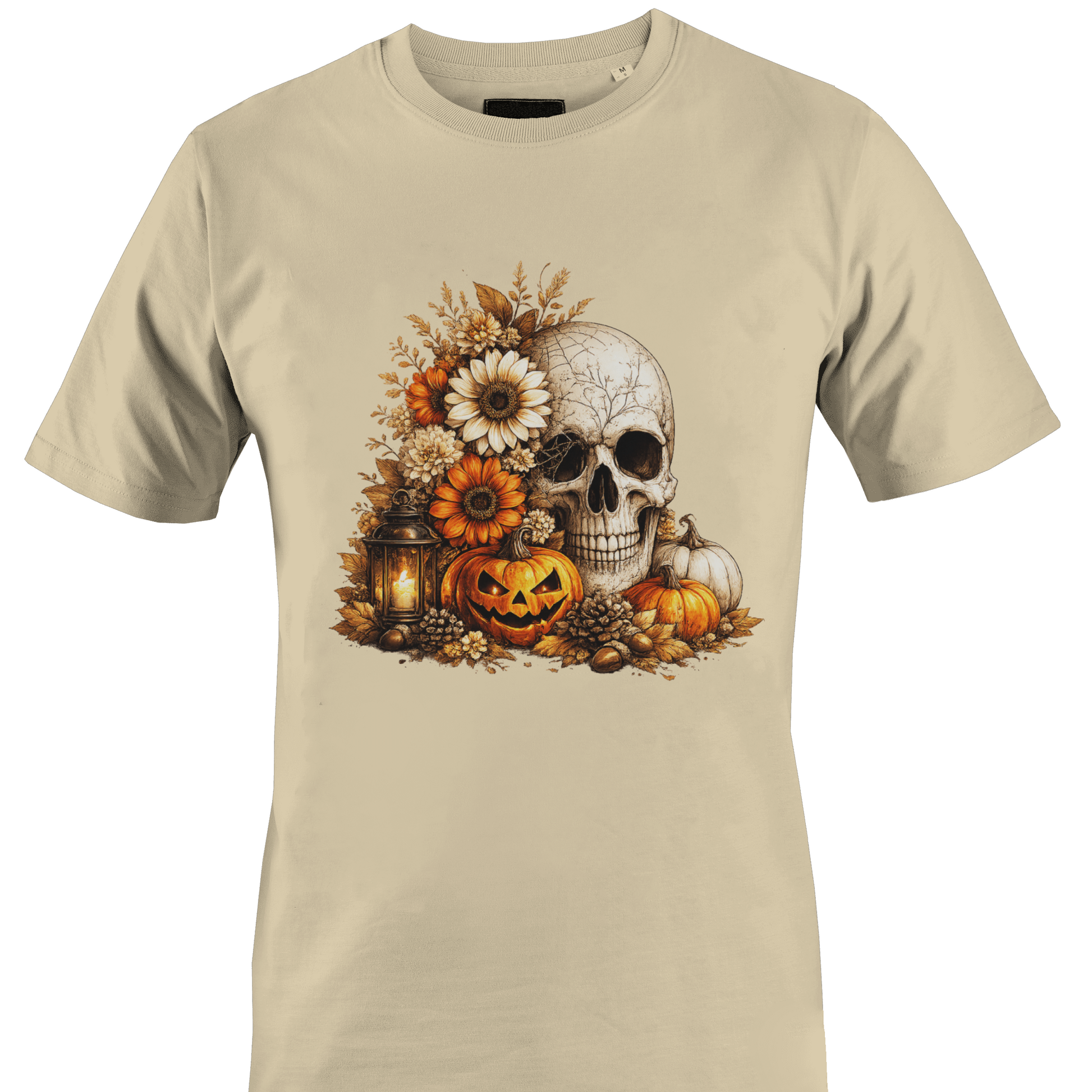 Tan t-shirt with a skull, flowers, pumpkins, foliage and a jack o lantern for Halloween by Monkey's Creations. 