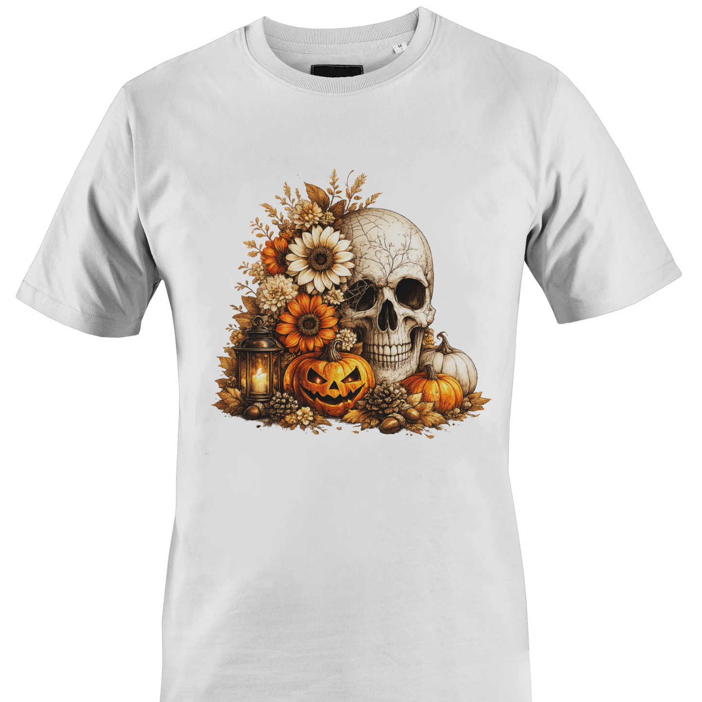 White t-shirt with a skull, flowers, pumpkins, foliage and a jack o lantern for Halloween by Monkey's Creations. 