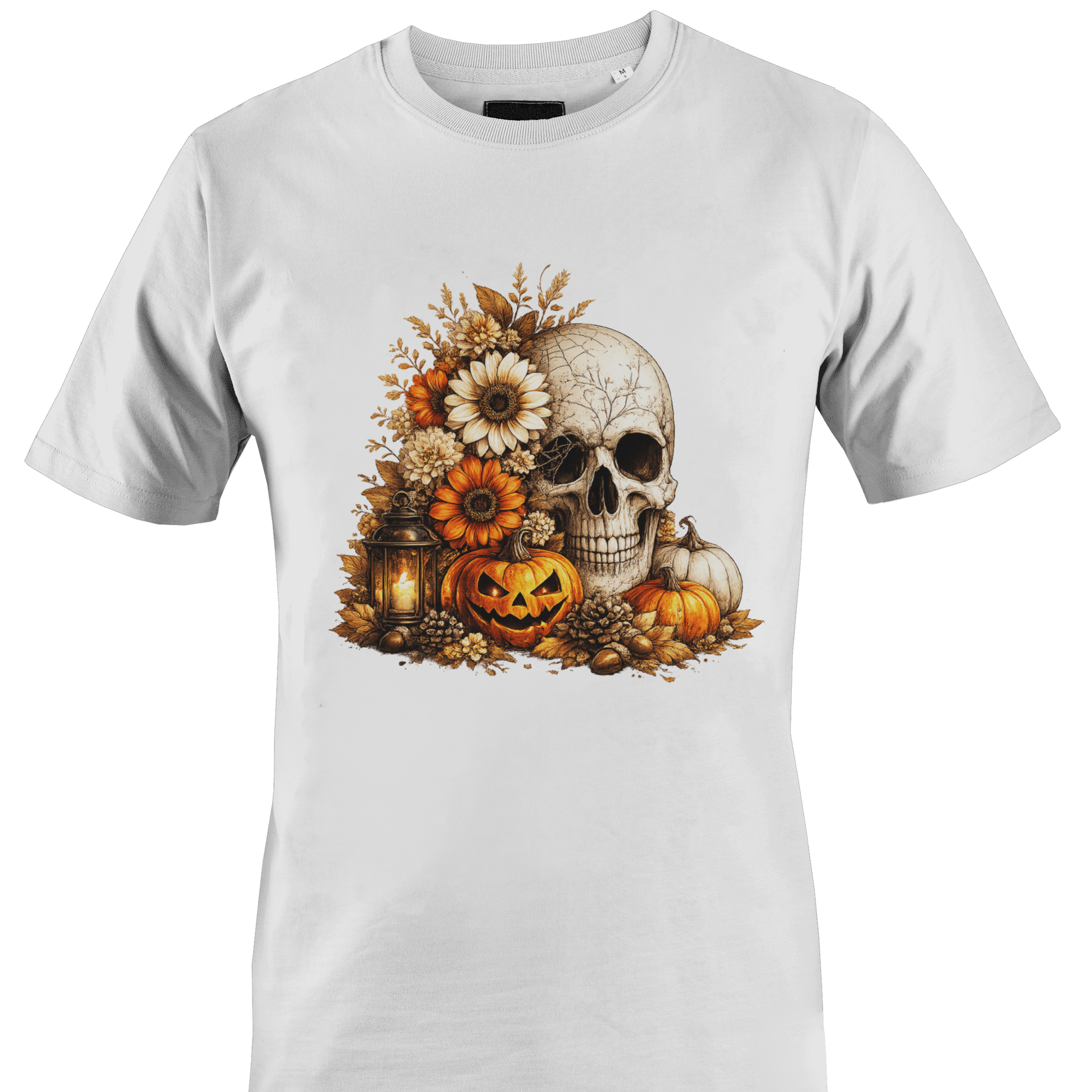 White t-shirt with a skull, flowers, pumpkins, foliage and a jack o lantern for Halloween by Monkey's Creations. 