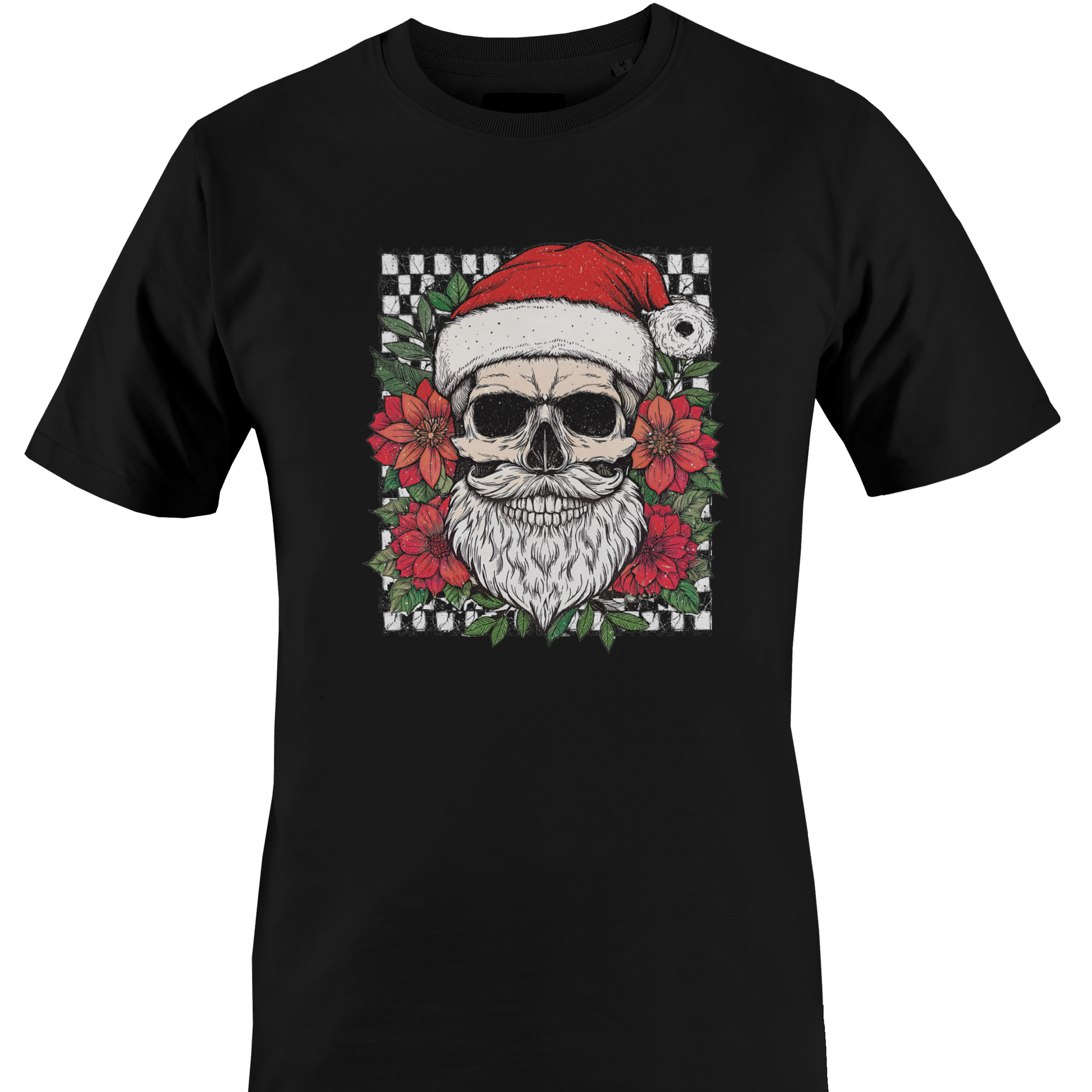 A black short-sleeve crewneck t-shirt featuring a graphic print of a skull wearing a Santa hat, surrounded by red flowers and a checkered border by Monkey's Creations.