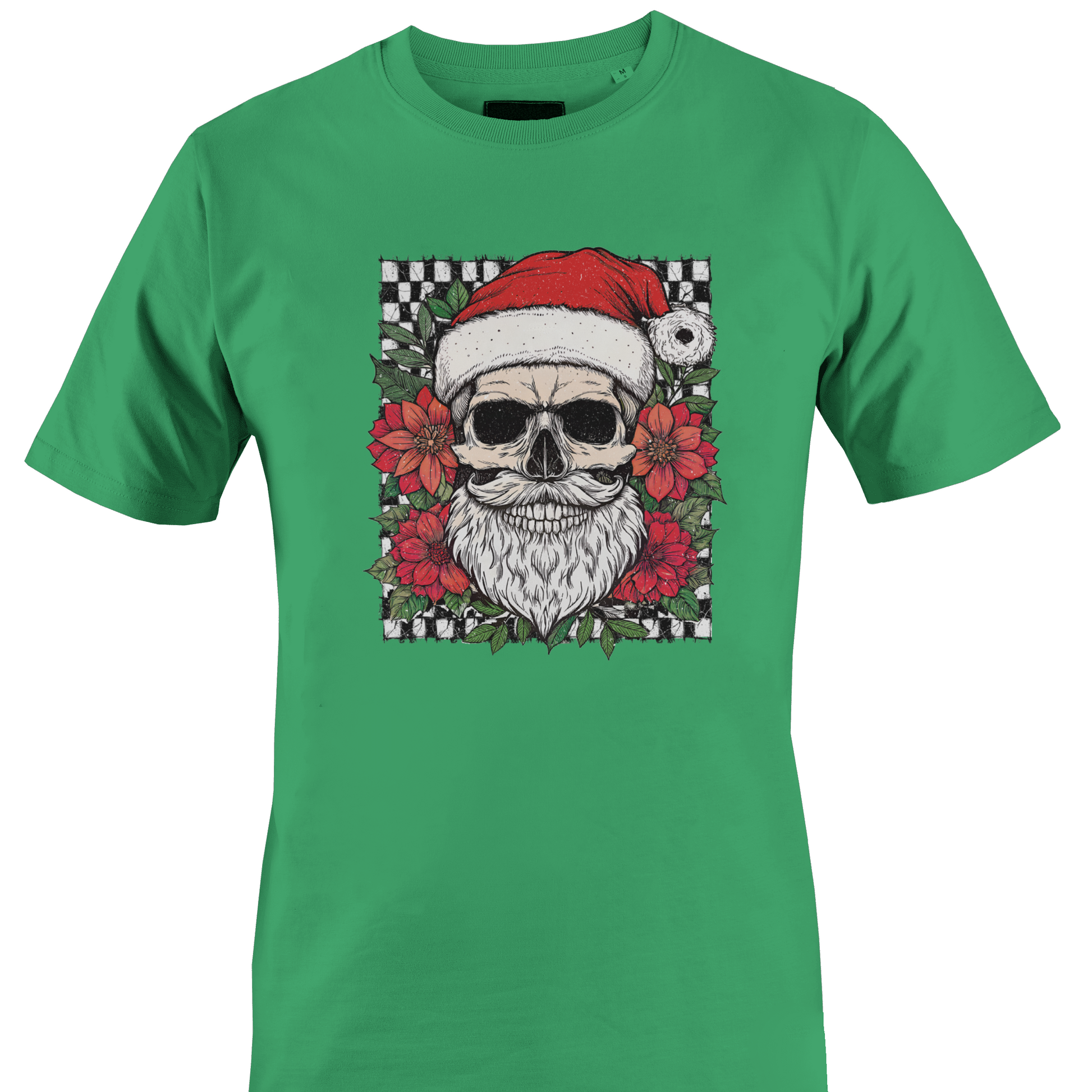 A green short-sleeve crewneck t-shirt featuring a graphic print of a skull wearing a Santa hat, surrounded by red flowers and a checkered border by Monkey's Creations.
