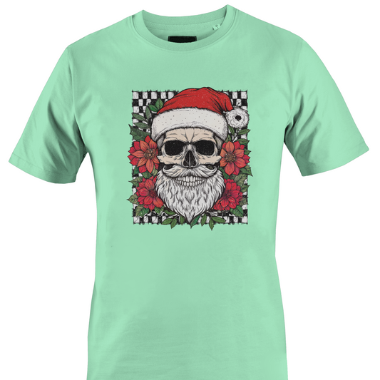 A mint green short-sleeve crewneck t-shirt featuring a graphic print of a skull wearing a Santa hat, surrounded by red flowers and a checkered border by Monkey's Creations.
