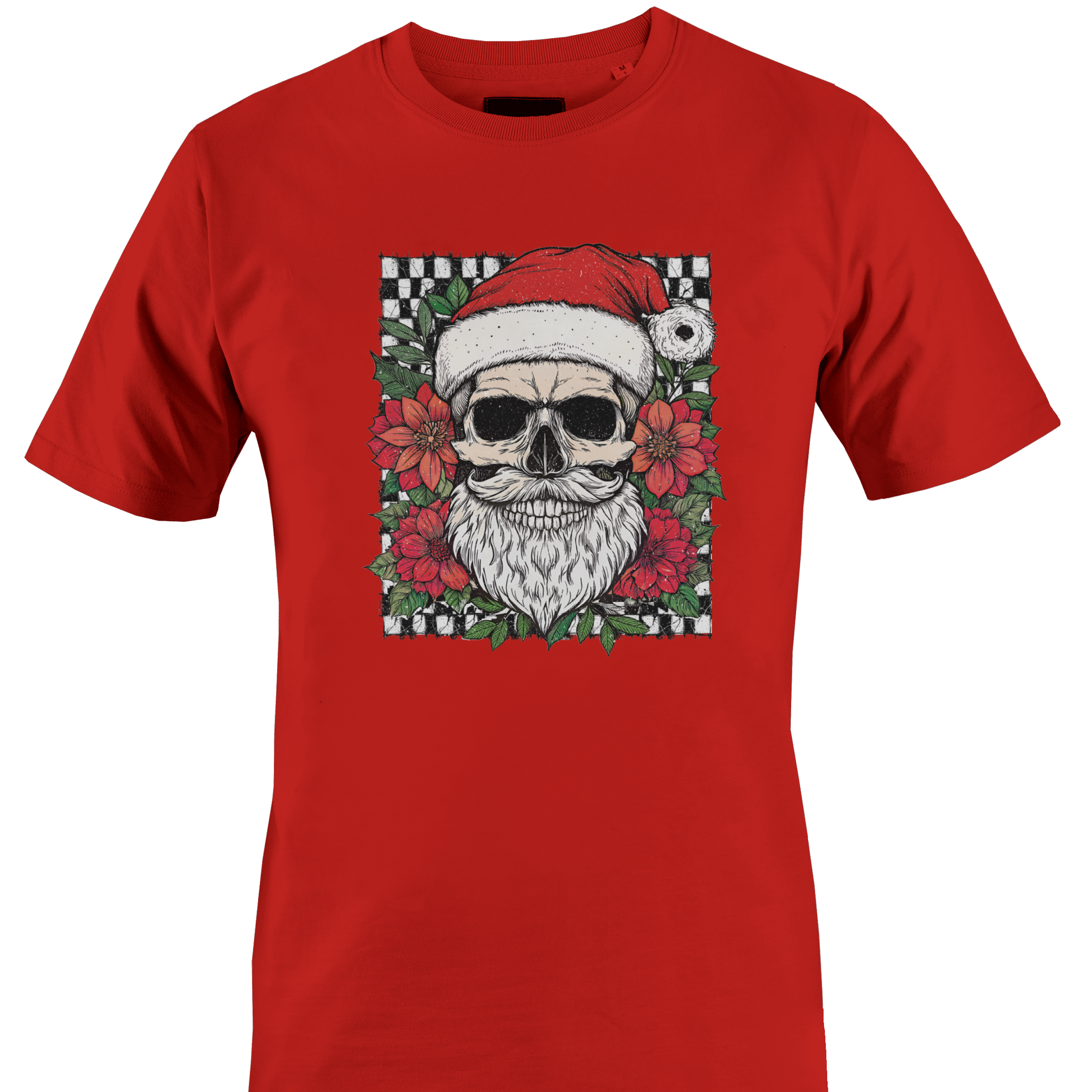 A red short-sleeve crewneck t-shirt featuring a graphic print of a skull wearing a Santa hat, surrounded by red flowers and a checkered border by Monkey's Creations.