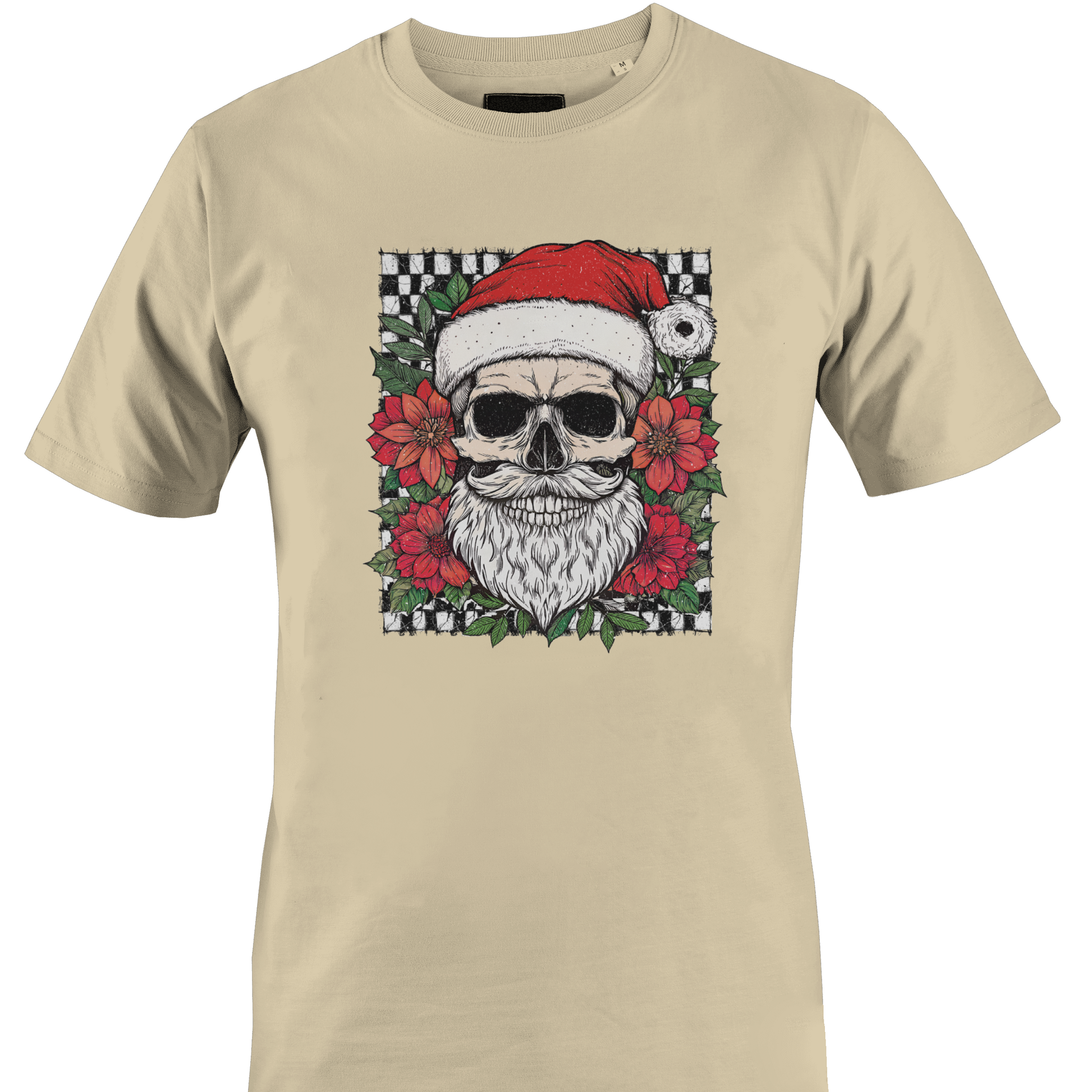 A tan short-sleeve crewneck t-shirt featuring a graphic print of a skull wearing a Santa hat, surrounded by red flowers and a checkered border by Monkey's Creations.