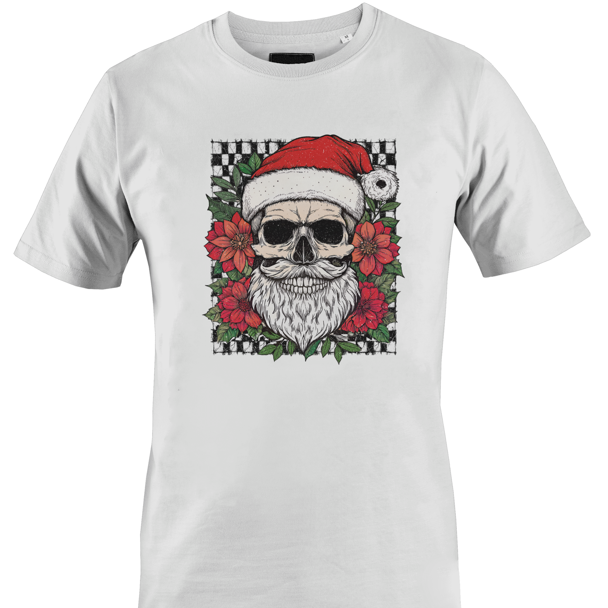 A white short-sleeve crewneck t-shirt featuring a graphic print of a skull wearing a Santa hat, surrounded by red flowers and a checkered border by Monkey's Creations.
