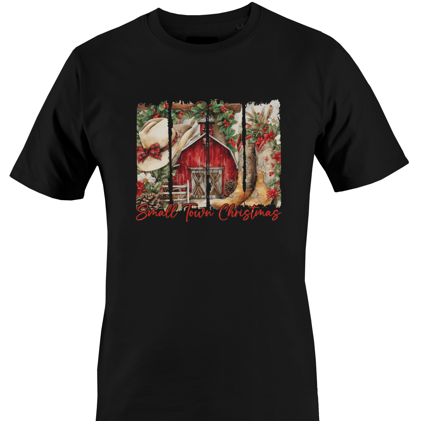 Black t-shirt with a barn, cowboy hat and boots with the text "small town Christmas by Monkey's Creations. 