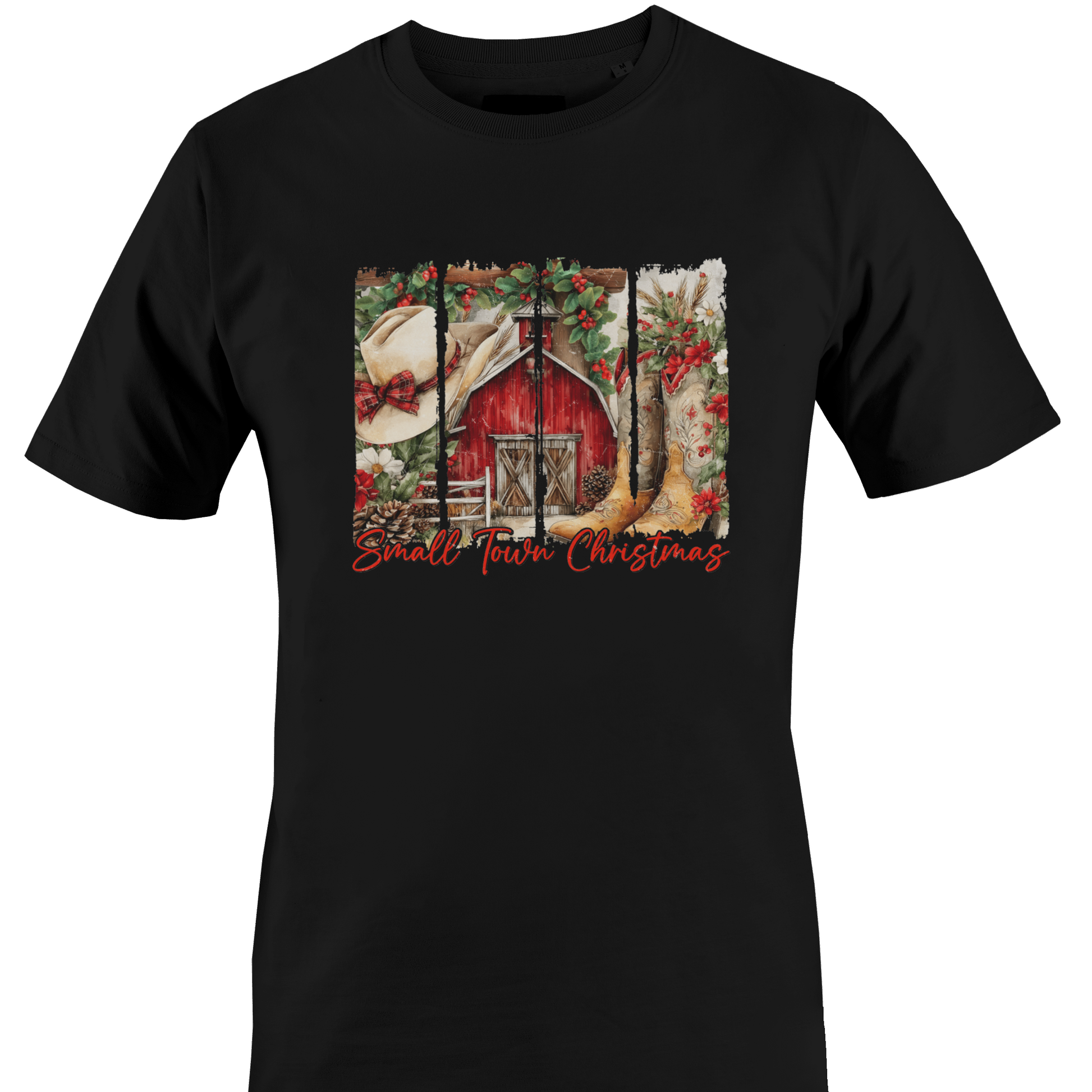 Black t-shirt with a barn, cowboy hat and boots with the text "small town Christmas by Monkey's Creations. 