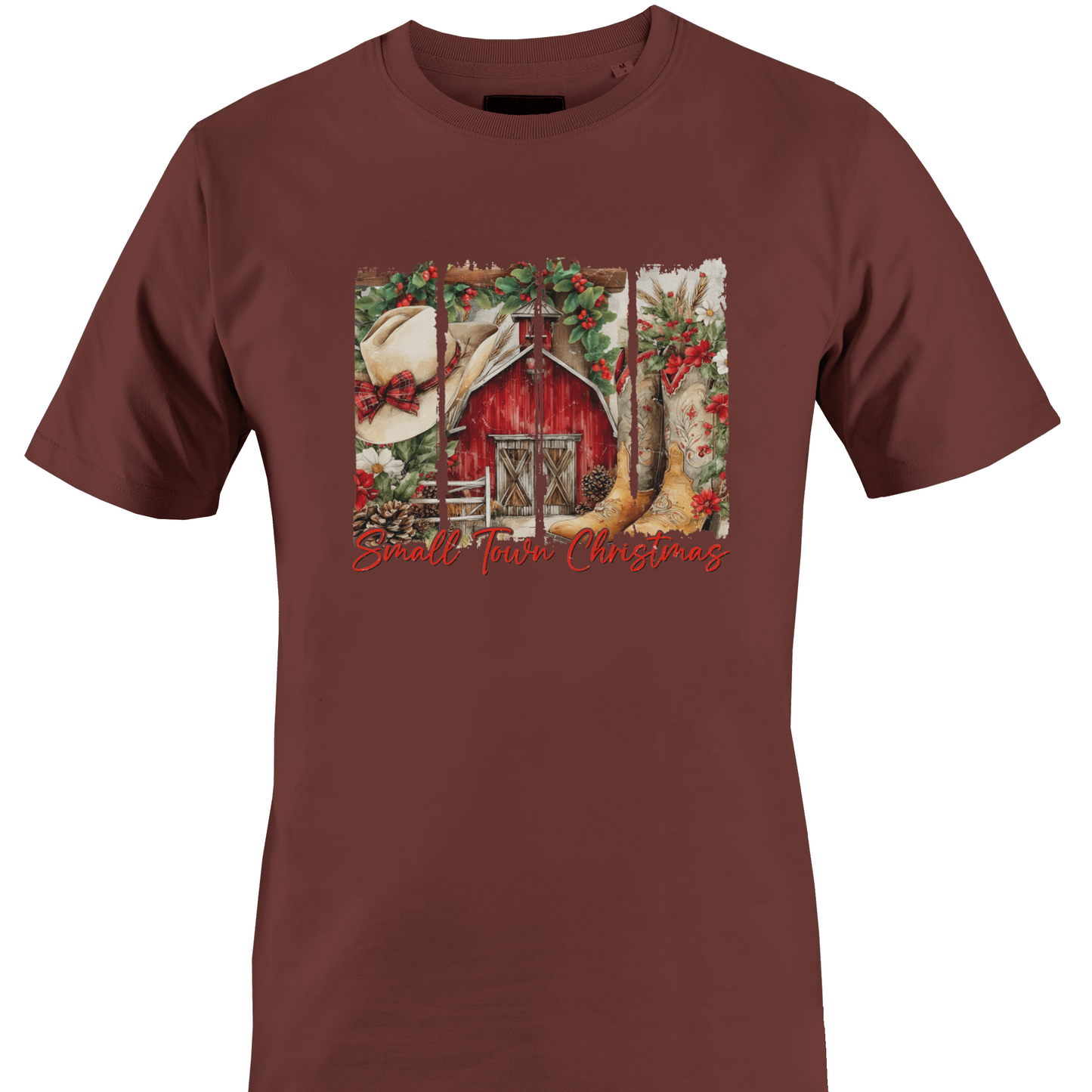 Brown t-shirt with a barn, cowboy hat and boots with the text "small town Christmas by Monkey's Creations. 