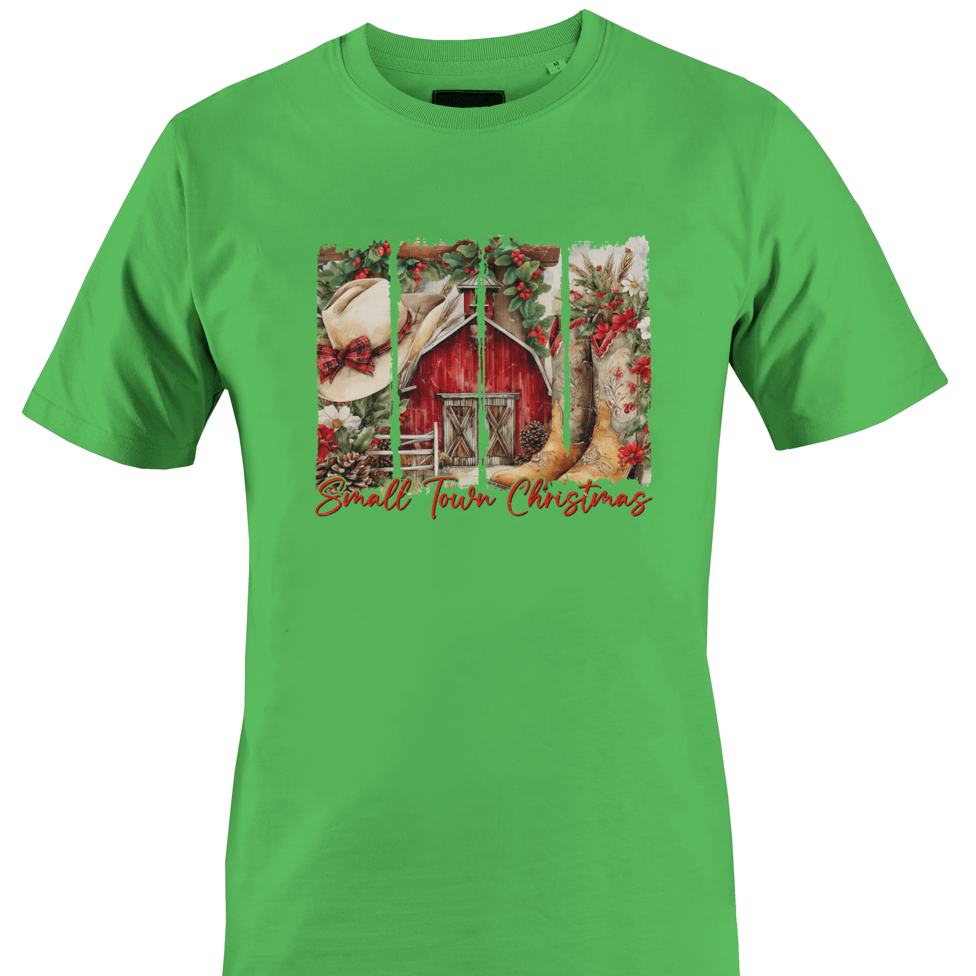 Green t-shirt with a barn, cowboy hat and boots with the text "small town Christmas by Monkey's Creations. 