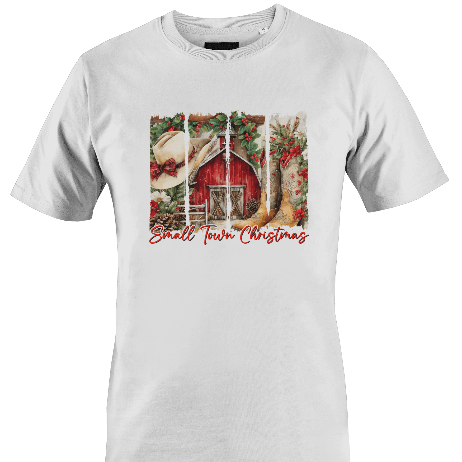 White t-shirt with a barn, cowboy hat and boots with the text "small town Christmas by Monkey's Creations. 