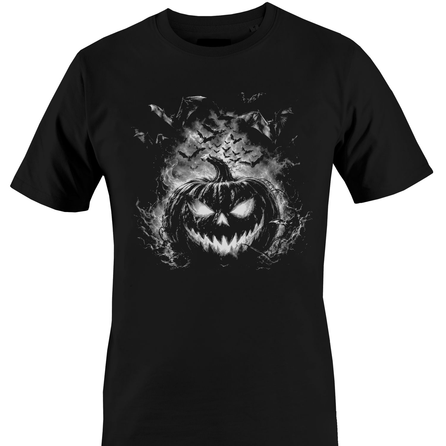 Black t-shirt with a smoky sinister jack o lantern and halloween elements by Monkey's Creations.