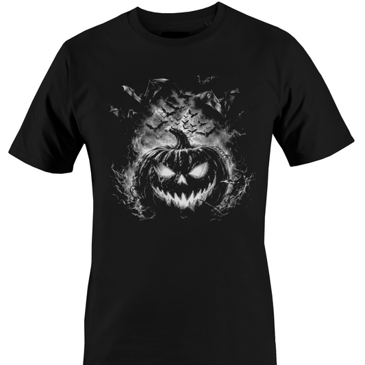 Black t-shirt with a smoky sinister jack o lantern and halloween elements by Monkey's Creations.