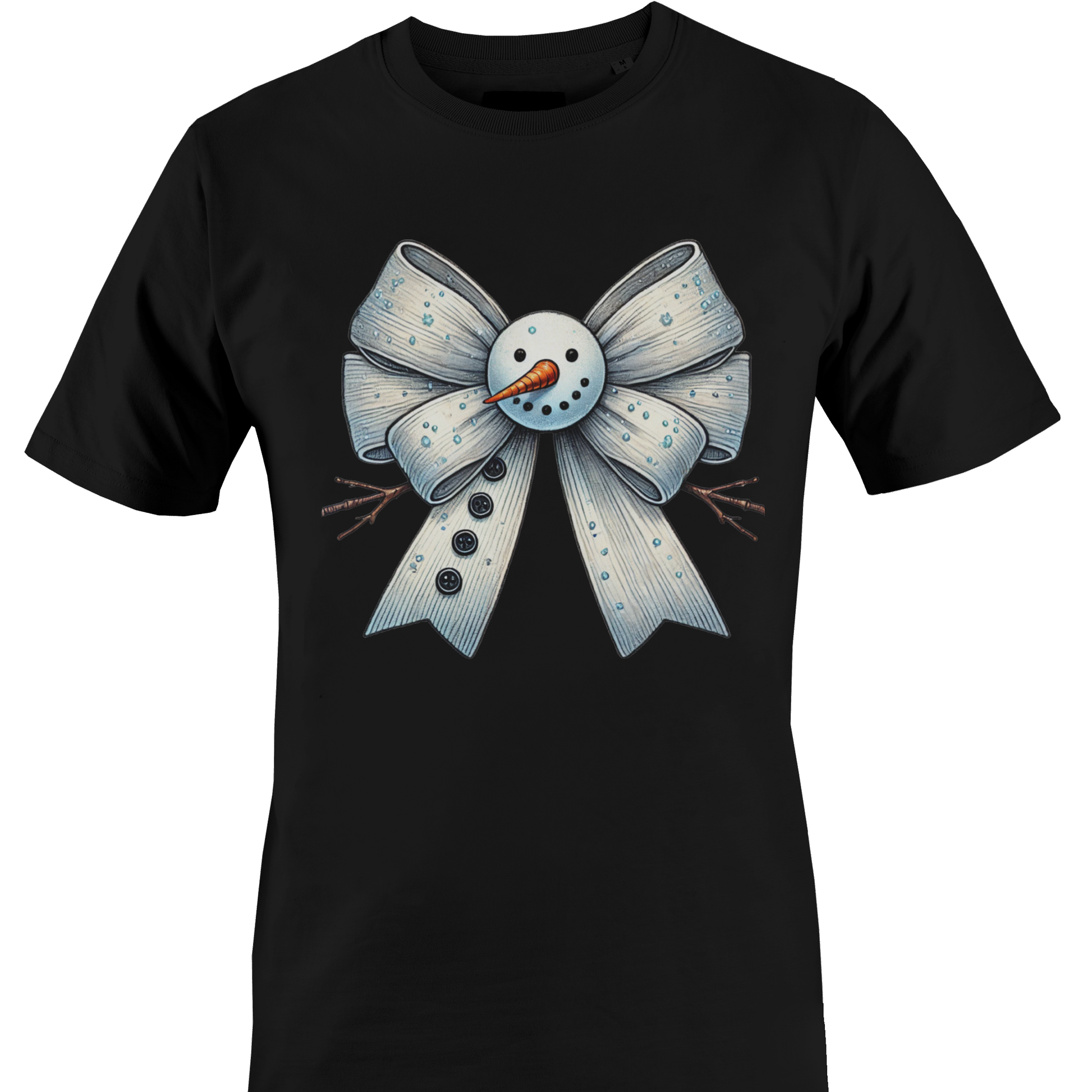 Black t-shirt with a snowman themed bow by Monkey's Creations. 