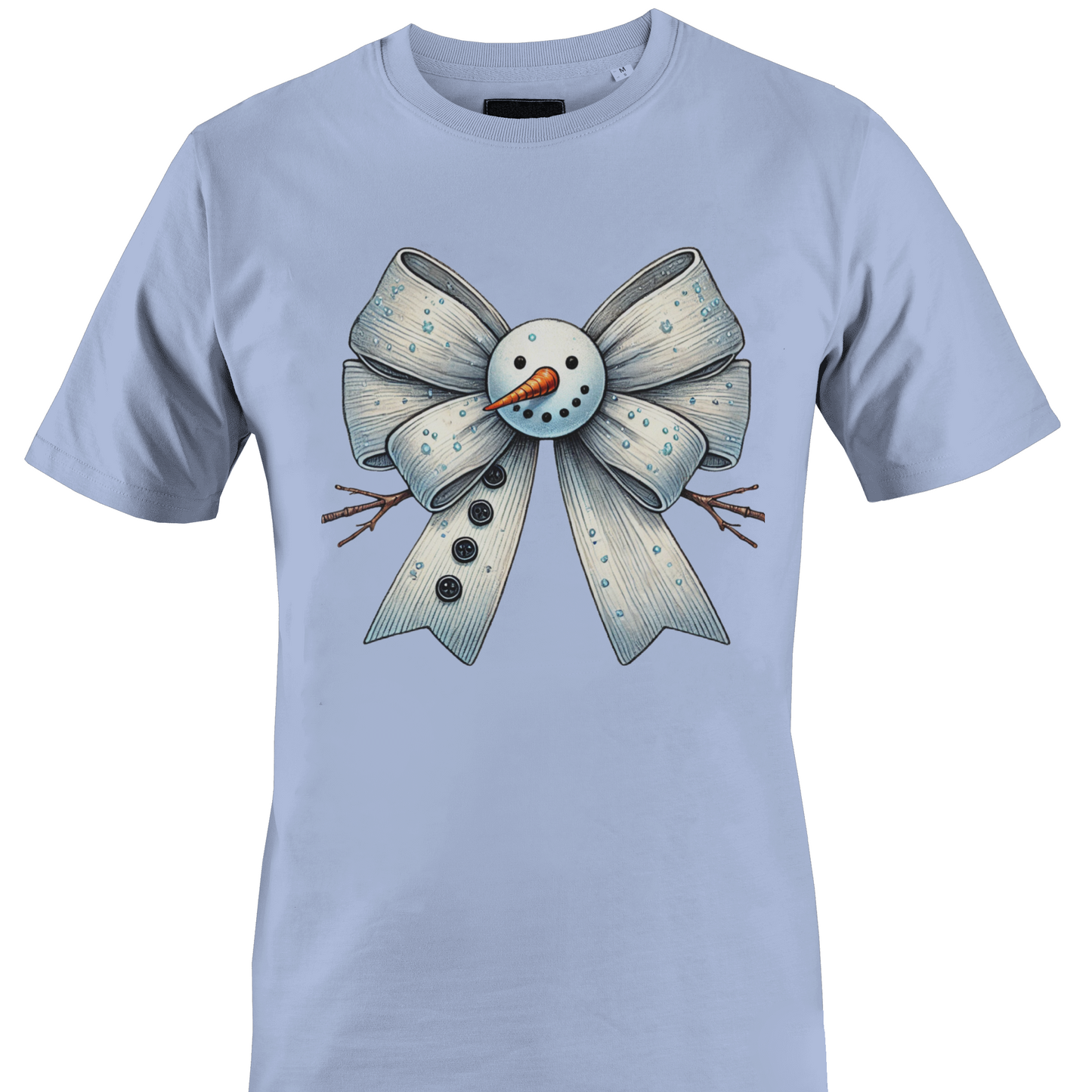 Light blue t-shirt with a snowman themed bow by Monkey's Creations. 
